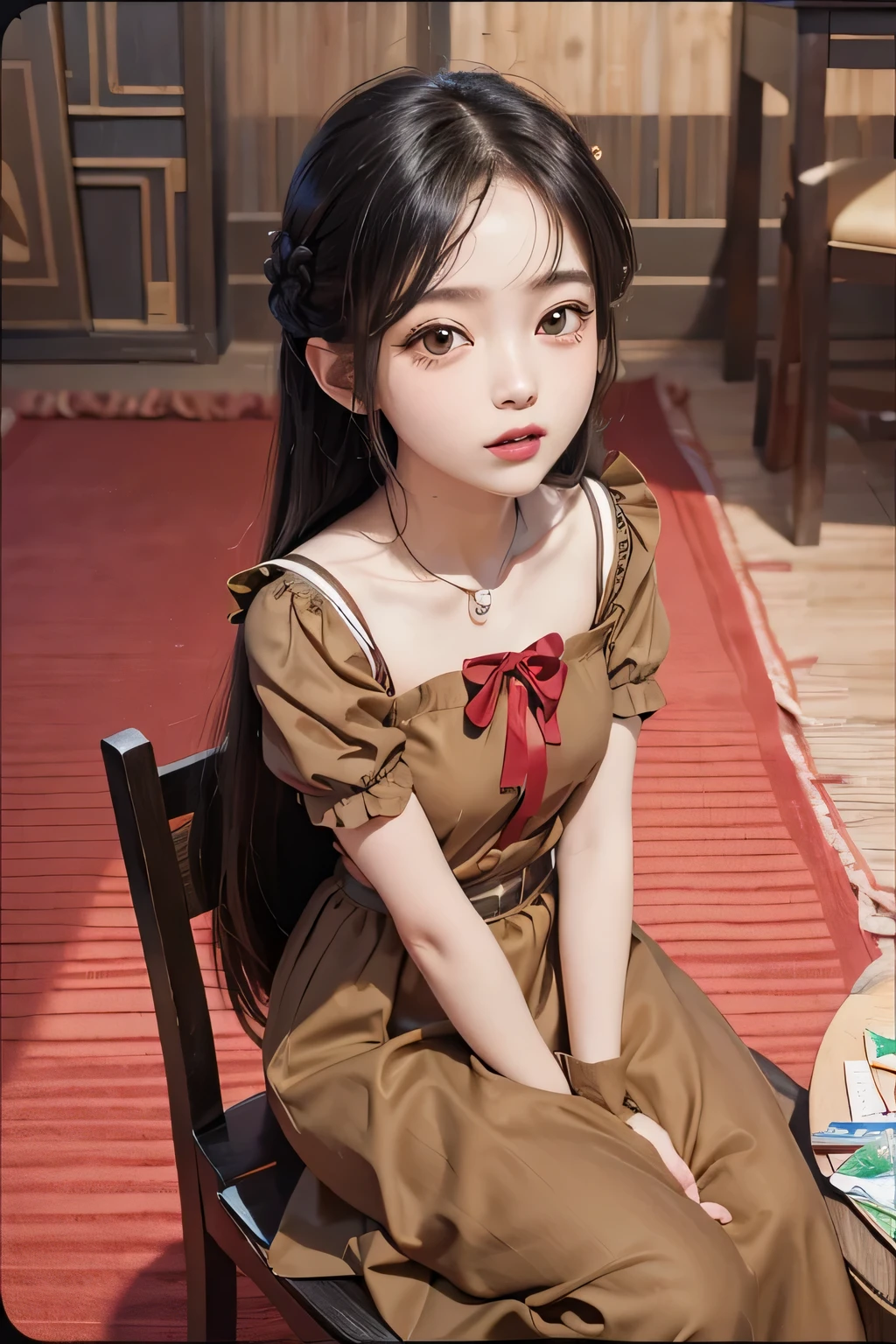 melhor qualidade, (obra de arte:1.2), detalhado,
Shinomiya Kaguya,
1 garota, Sozinho, boca aberta, boca ondulada,
Cabelo preto, olhos vermelhos, cabelo solto, Cabelo longo,
vestido marrom, Mangas bufantes, manga curta, Red loop,
sentado, mesa, cadeira, olhando para o espectador,
dentro de casa