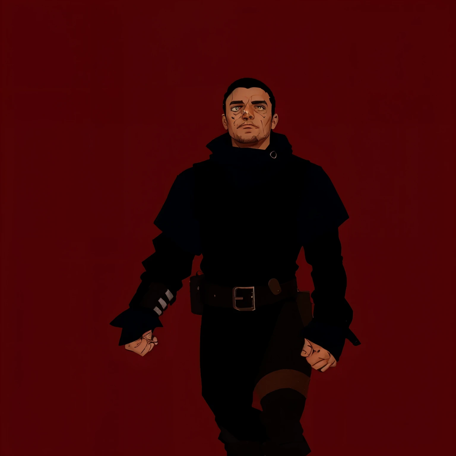 desenho de um homem com roupa preta, cicatrizes no rosto, olhos laranjas, pelo no queixo, single character concept art, Retrato de personagem DND de corpo inteiro, baldur's gate character portrait, conceito de personagem irrealista, dystopian science fiction character, retrato de corpo inteiro do personagem, retrato de personagem de corpo inteiro, feiticeiro malvado, retrato de um personagem dnd, d & retrato de corpo inteiro estilo d, single character concept art, arte detalhada do personagem com detalhamento na roupa