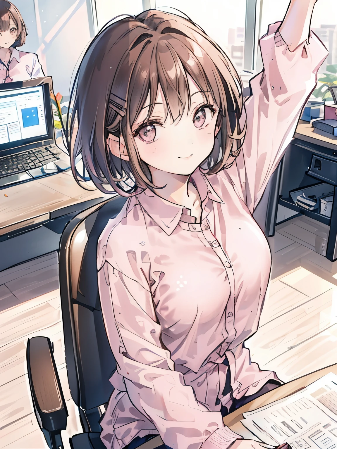 girl,((A place like a company office:1.3)),(brown hair:1.3),(straight short hair:1.2),(Light pink casual office lady fashion:1.4),(I am sitting on a chair in front of my desk and stretching my back.:1.3),(Smile and look up:1.2),(close up of face:1.1)