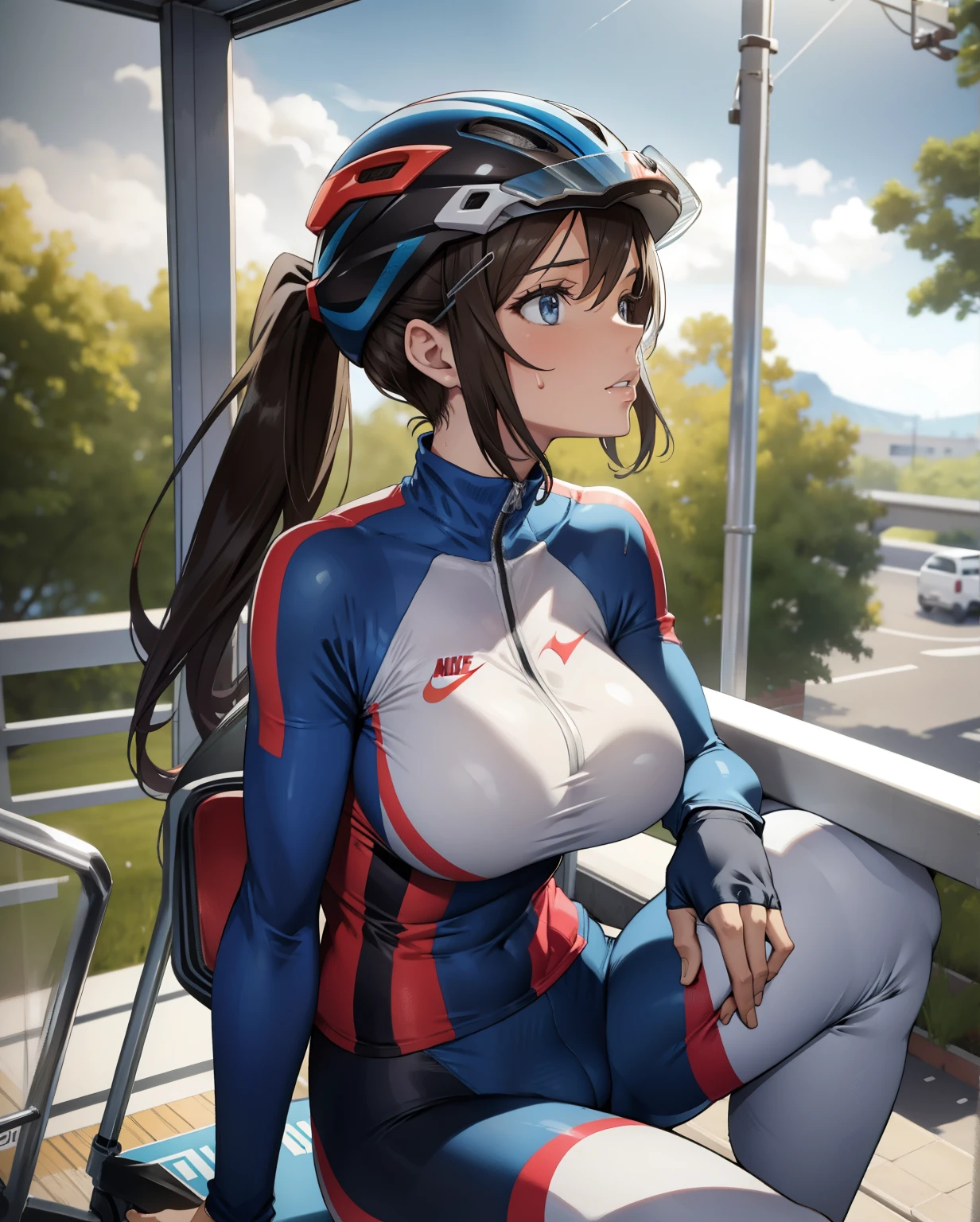 Woman in bicycle suit sitting on a windowsill, A self-propelled helmet is worn on his head, wearing tight shirt, Cycling!!, tight attire, Gorgeous lady, Very sweaty, wearing tight simple clothes, huge tit, Very large breasts, Fitness model, Covered breasts, looks realistic, breasts covered and sfw, Cute woman, Translucent body, see through, intriguing outfit, nike cycling suit