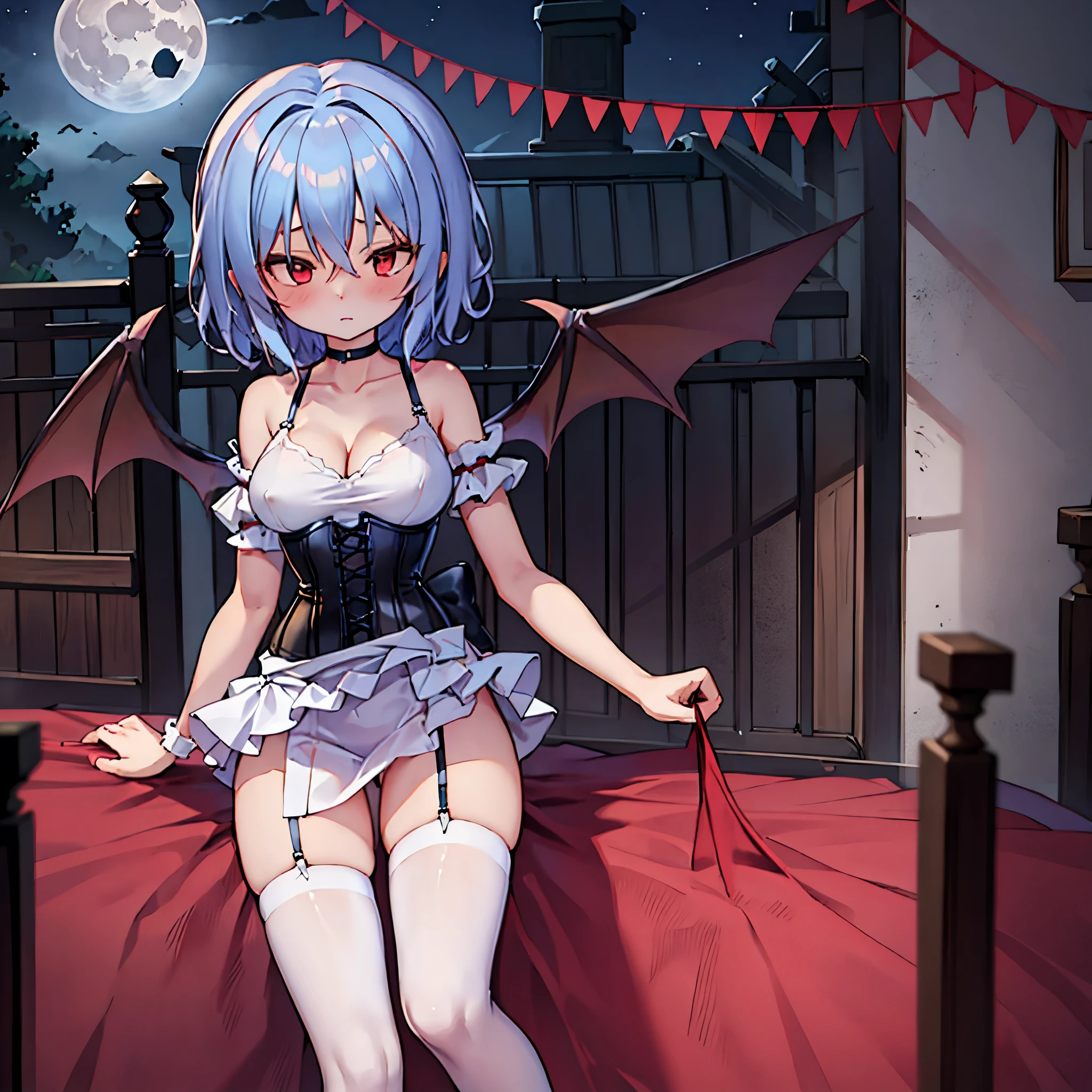 (Remilia toho character), (solo:1.2), (standing on the deck of mansion:1.1), a full moon, midnight, BREAK, short hair, collarbone, (very perky large breasts), (emphasize cleavage), (inconceivably thin waist:1.3), (very short thin torso:1.2), very long (thin legs), emphasize thigh gap, BREAK, (short sheer white dress) with (plunging neckline:1.2), shoulder straps, (brown inconceivably wiry corset cinches waist too tight:1.5), frilled (too short white miniskirt), (light blue thighhighs), BREAK, nose blush