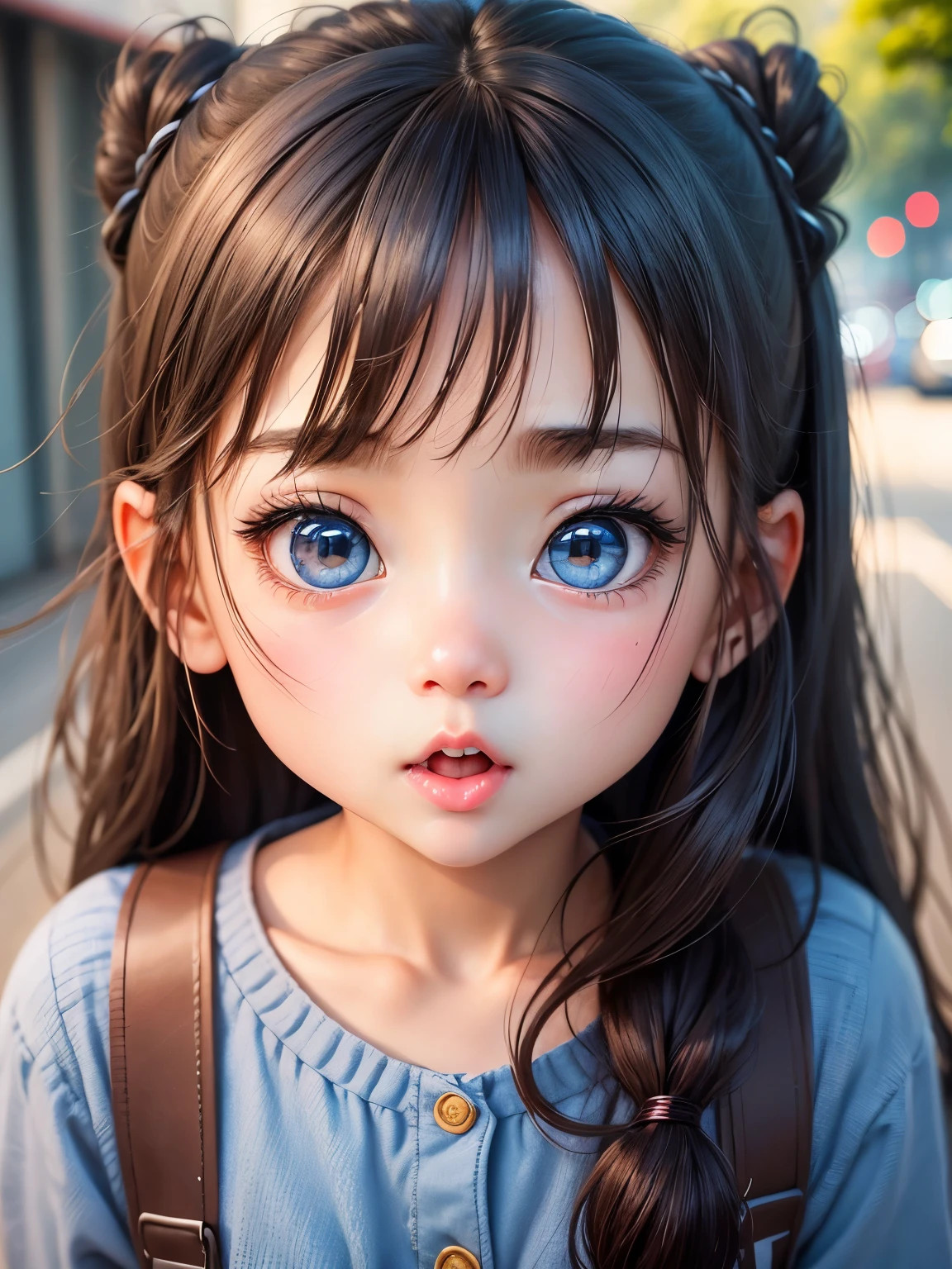 best image quality、detailed eyes、long eyelashes、A very cute girl with a big head and a 、cute face、Surprisingly big and sparkling eyes、A shocked expression with eyes wide and round and mouth wide open.、Wearing cute clothes、
