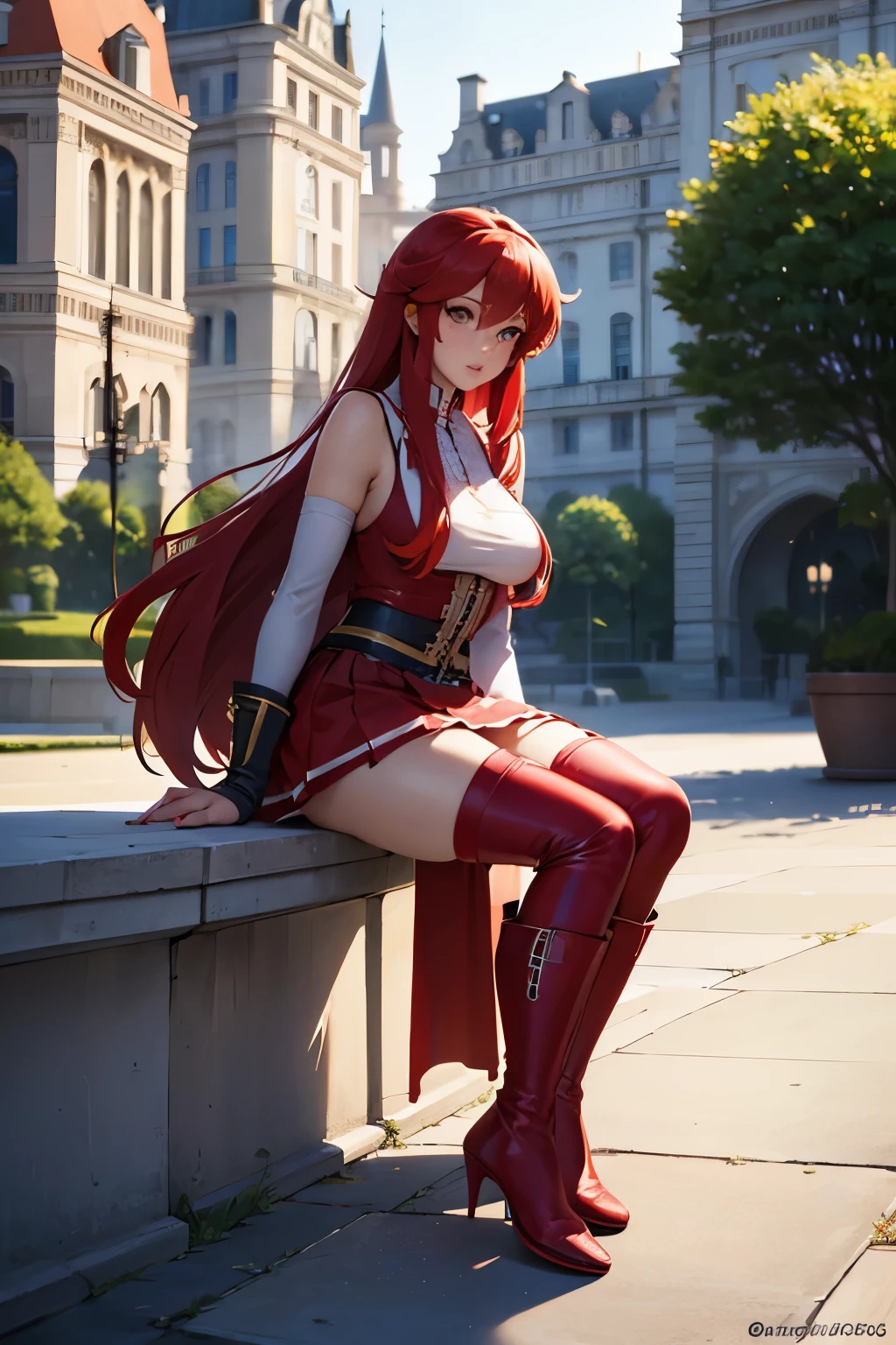 (best quality,4k,highres,masterpiece:1.2),ultra-detailed,(realistic,photorealistic,photo-realistic:1.37),one girl, yoko littner, looking at viewer, full long red hair, beautiful detailed eyes, beautiful detailed lips, cute face, wearing knee high boots and a skirt, long eyelashes, perfect lighting, outdoor, bare feet pointing at viewer, cute feet, toes, red painted toe nails, full body shot, sunny weather, thick thighs, white and red clothing, european german french italian genetics, park and greenlife in the background, hand stand