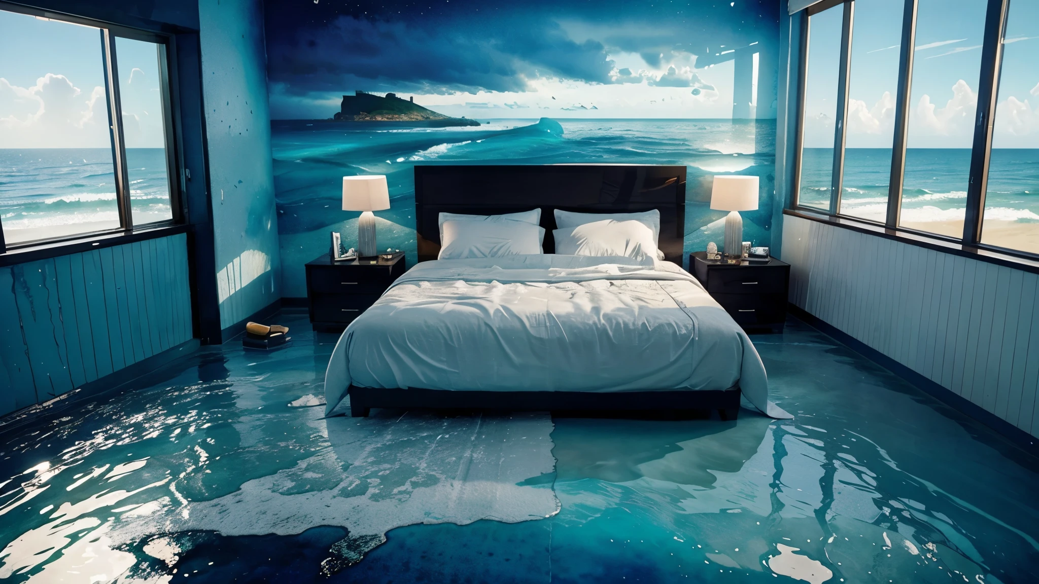 watercolor bedroom_melting_into_the_ocean_0, ultra realist , splash art