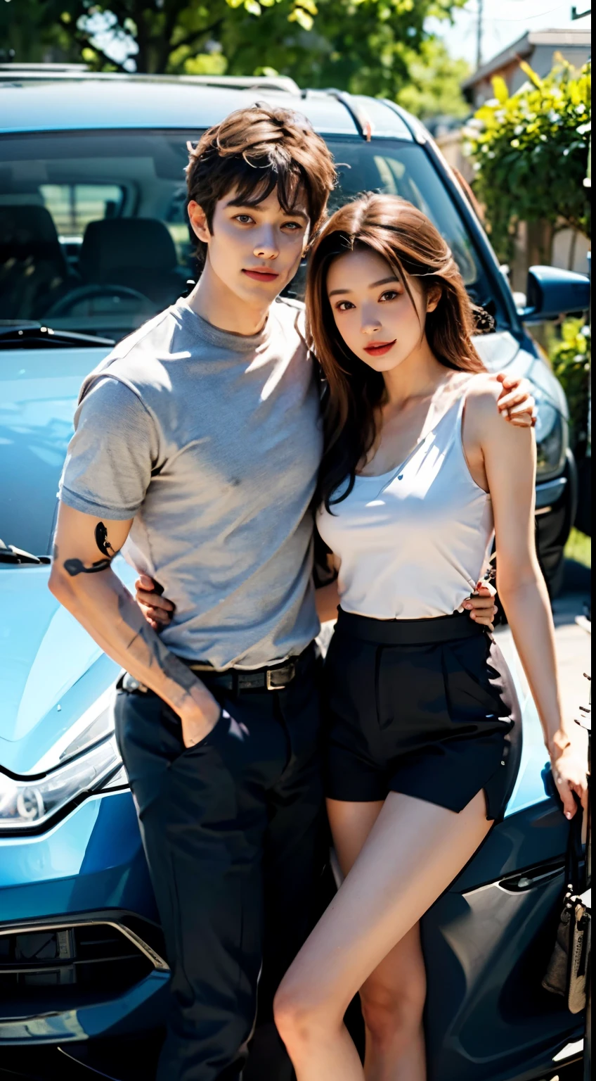 Two people, a man and a woman, couple, beautiful woman, Wear a top, shorts, handsome man, suit, car,