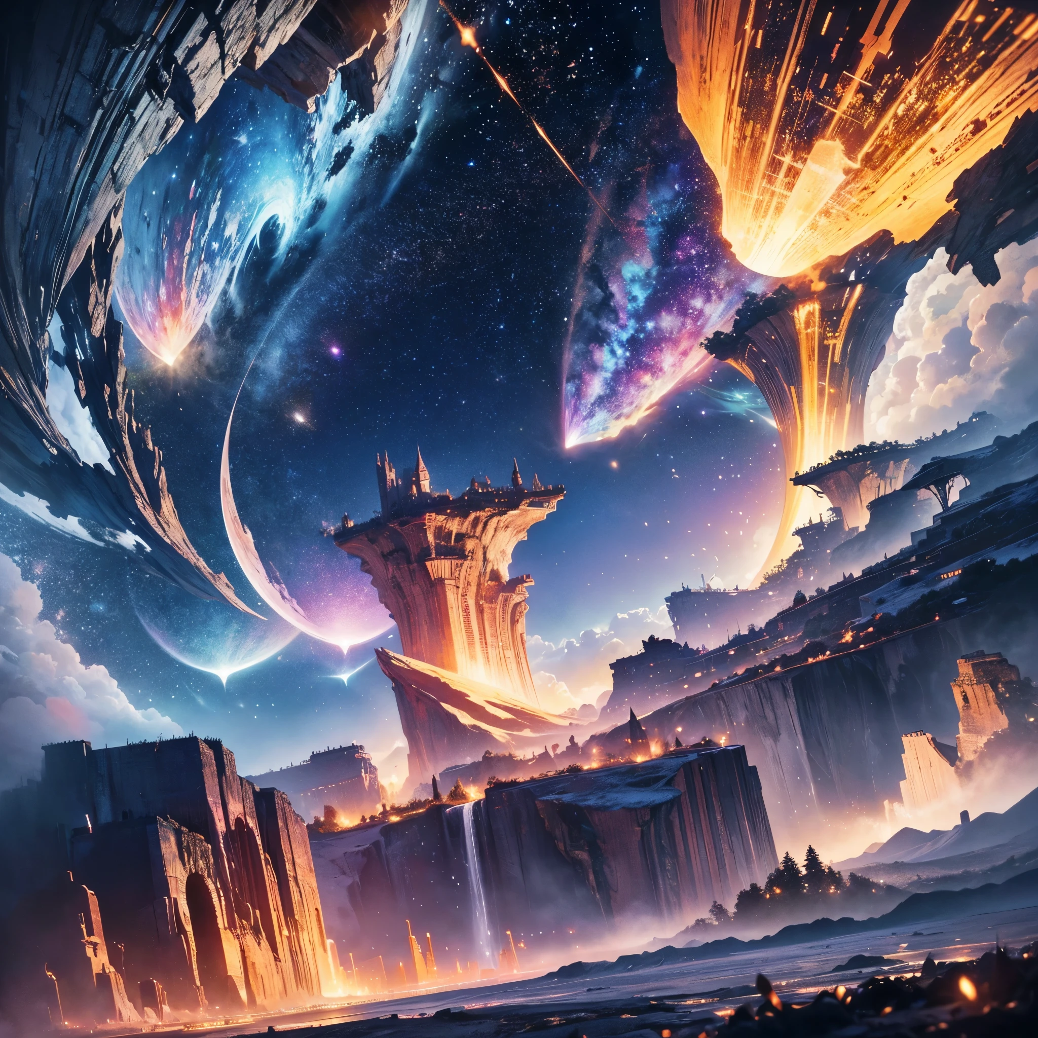 In the ethereal realm of artistic imagination, a breathtaking tableau emerges from the canvas—a view of a landscape from a cliff that defies earthly conventions. The precipice, soaring dizzyingly high in the sky, becomes the gateway to a mysterious expanse, invoking a sense of wonder and fantasy. Delicate lines and colors intertwine meticulously to craft the scene, each stroke contributing to the creation of a world beyond the ordinary, As the beholder's gaze navigates the canvas, they encounter a majestic sky adorned with colossal, vividly-hued planets suspended in the celestial tapestry. Giant orbs, resplendent in their otherworldly beauty, cast an enchanting glow upon the landscape below. The celestial bodies, rendered with the highest quality, evoke a sense of awe as they dominate the canvas with their vibrant, cosmic presence., In the distance, a civilization unfolds, its structures and inhabitants mere specks on the canvas, emphasizing the vastness of the landscape. The meticulo, cinematic lighting, glowing light, wide shot, atmospheric perspective, drone view, (day sky)