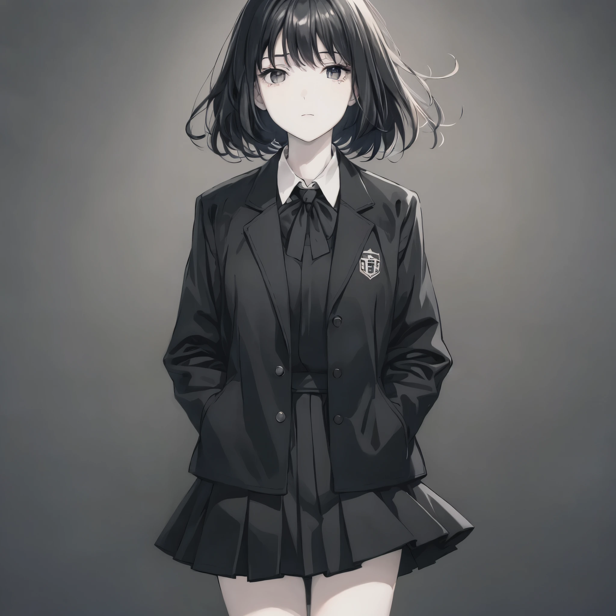 face, asian, standing, school uniform, black blazer, black pleated skirt, red bow on collar, bob haircut