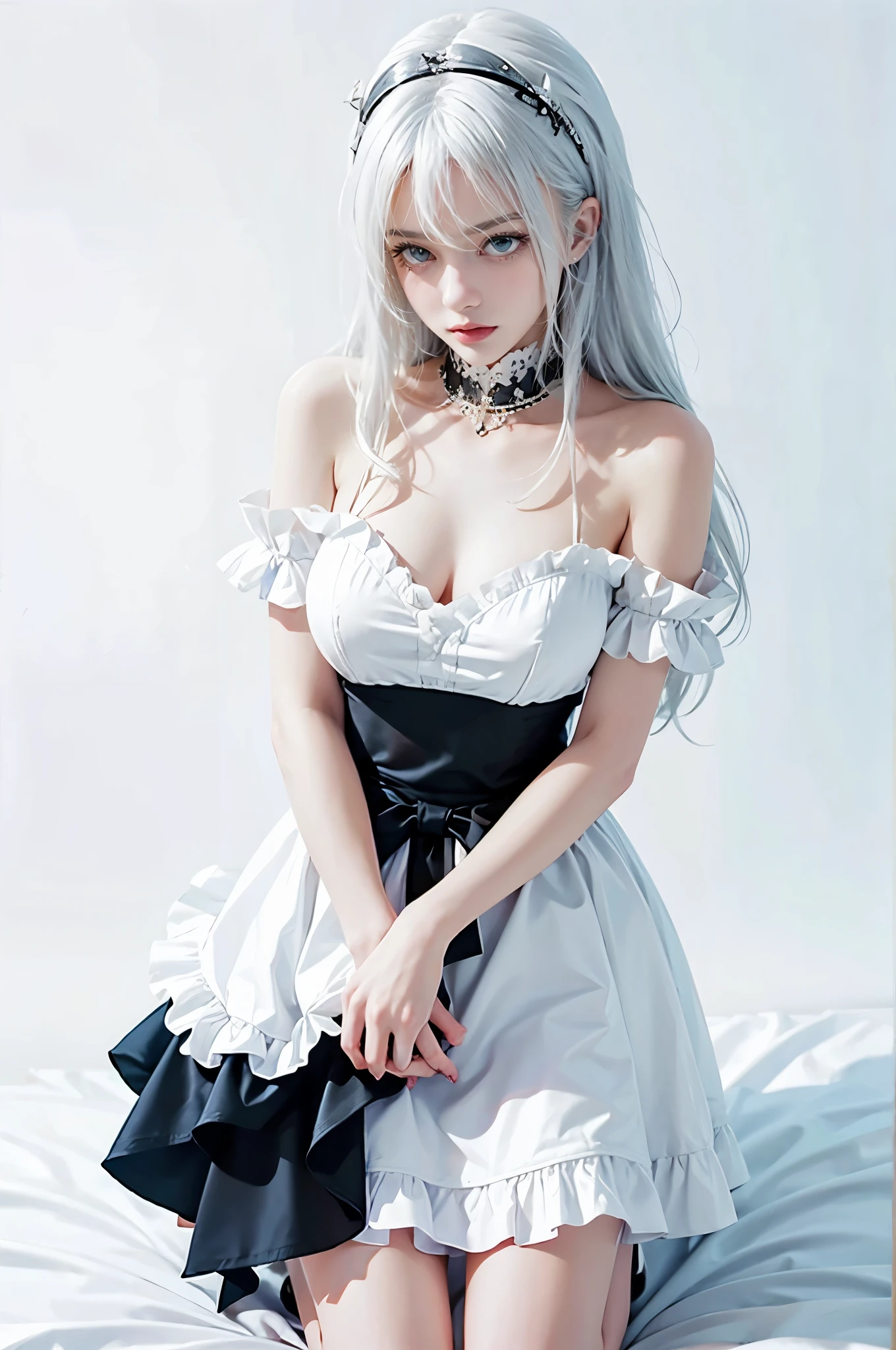 1girl, maid, dress, on knees, white hair, in bed