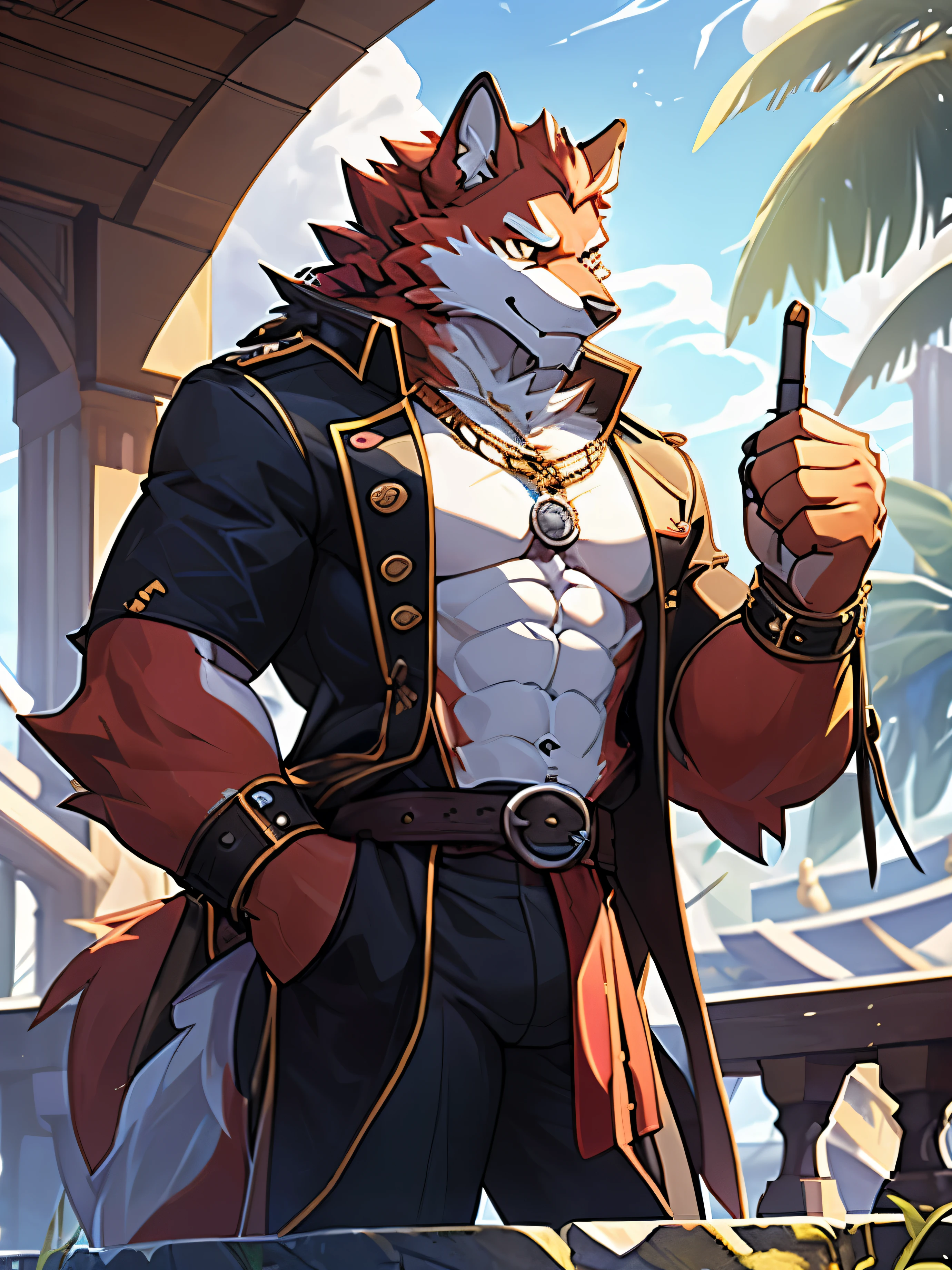 (Furry art, uploaded on e621: 1.4), Werewolf, grey and black fur, intense golden eyes, black pirate hat with peach feathers, red baron jacket with gold buttons and gold shoulders over a black shirt and a white frill tie, crab-like fangs and shell, masterpiece, best quality, (detail background), background sea, on on a pirate ship, (detail body), (perfect pulpils), standing, (masterpiece), (best quality), (ultra-detailed: 1.0), cool pose, (Clear, shiny:0,8), (1boy, solo), (solo_focus), detail fluffy fur, natural lighting, (male), anthro, (upscaling ratio: 2.10), detail background, perfect sky, detail fur, topless.