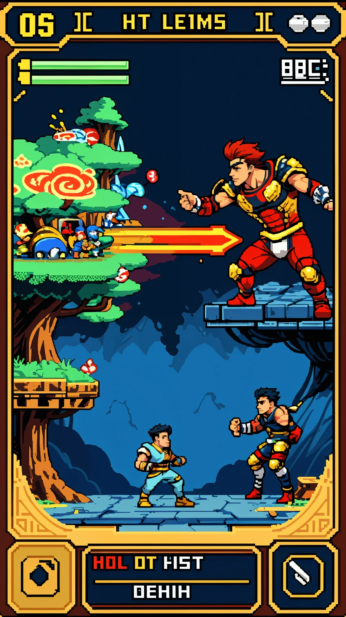 highres, absurdres, perfect anatomy(super handsome 2boys, pair)detailed background, User Interface of Fighting game, dots game, pixel art, dungeon, jumping, punch, kick, full body, sound effects, motion blur, “VS”