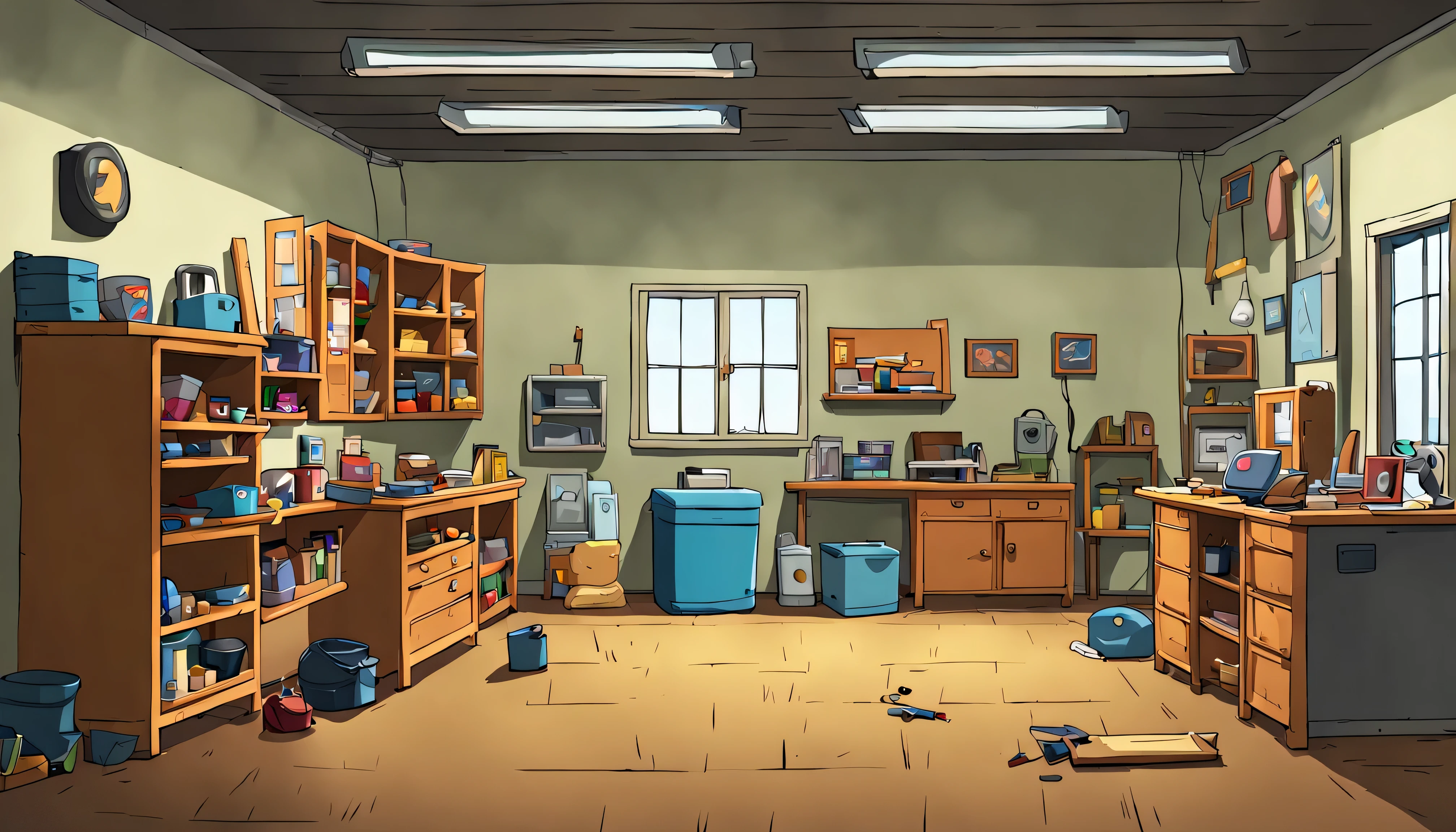 A cartoon empty workshop, THE FAMILY GUY style, minimalist, best quality