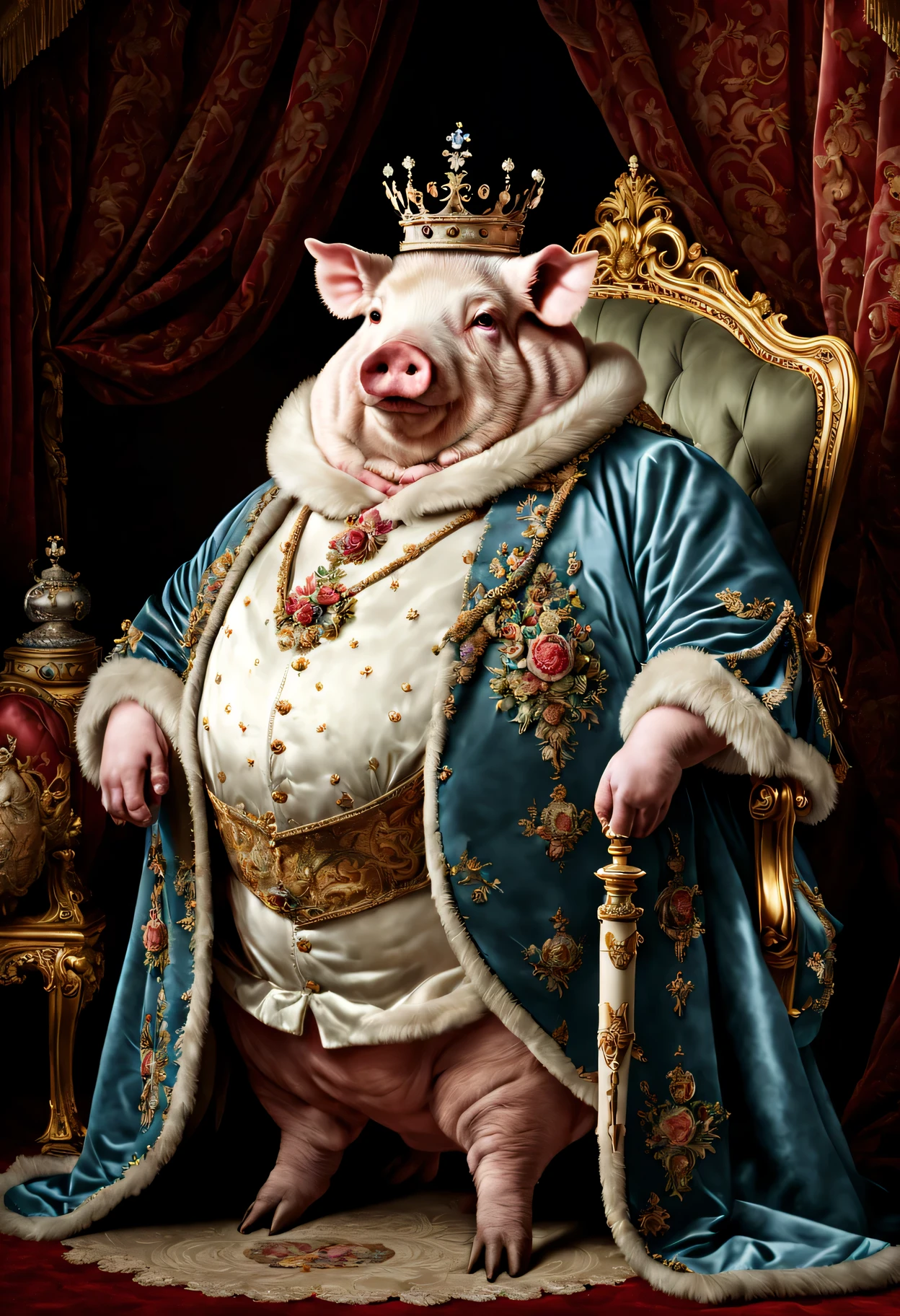 photorealistic portrait of Dressed animals - a ((fat)) pig king, (full body image:1.5), Wearing luxury sack-back gown,(wearing luxury crown),holding scepter, Old-fashioned luxury clothes, detailed and opulent description of a king's aristocratic sack-back gown in Rococo style, sitting on the throne, emphasizing luxurious fabrics, intricate embroidery, and ornate accessories, Rococo style background