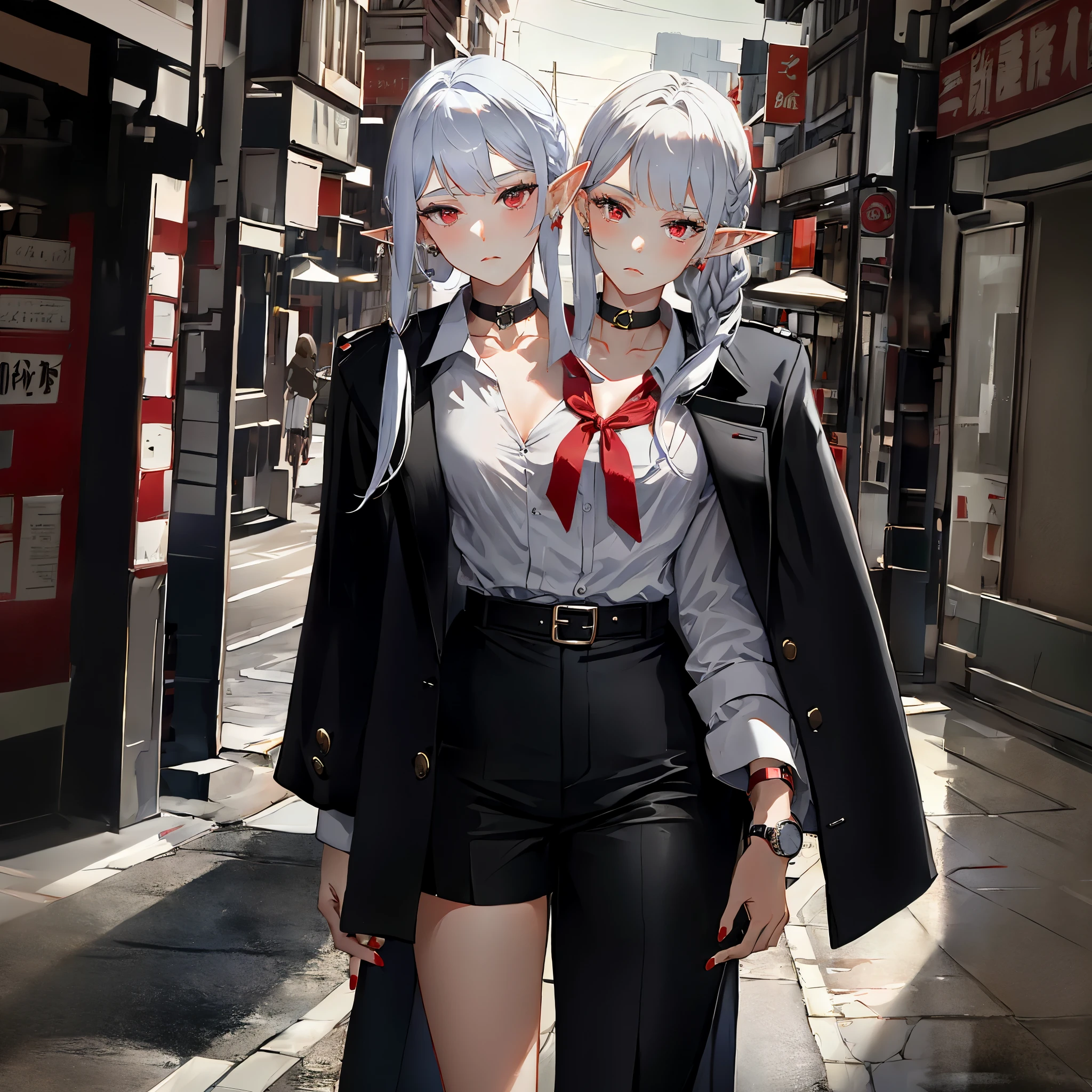 (2heads:1.1), 1girl, solo, long white hair, straight bangs, elf ears, pale skin, red eyes, red nails, thin red ribbon in hair, black choker, earrings, (trenchcoat), white shirt, wristwatch, red tie, leather belt, black shorts, emotionless, looking at viewer, raised eyebrows, dark rainy city background, walking, smoking cigarette, illustration, masterpiece, high quality, absurdres, 4k, 8k, half body shot, portrait