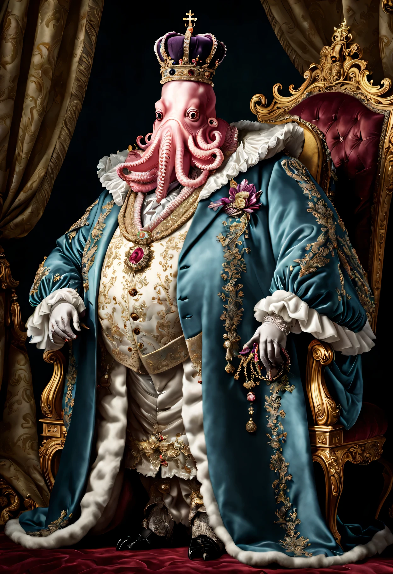photorealistic portrait of Dressed animals - a ((fat)) octopus king, (full body image:1.5), Wearing luxury sack-back gown,(wearing luxury crown),holding scepter, Old-fashioned luxury clothes, detailed and opulent description of a king's aristocratic sack-back gown in Rococo style, sitting on the throne, emphasizing luxurious fabrics, intricate embroidery, and ornate accessories, Rococo style background