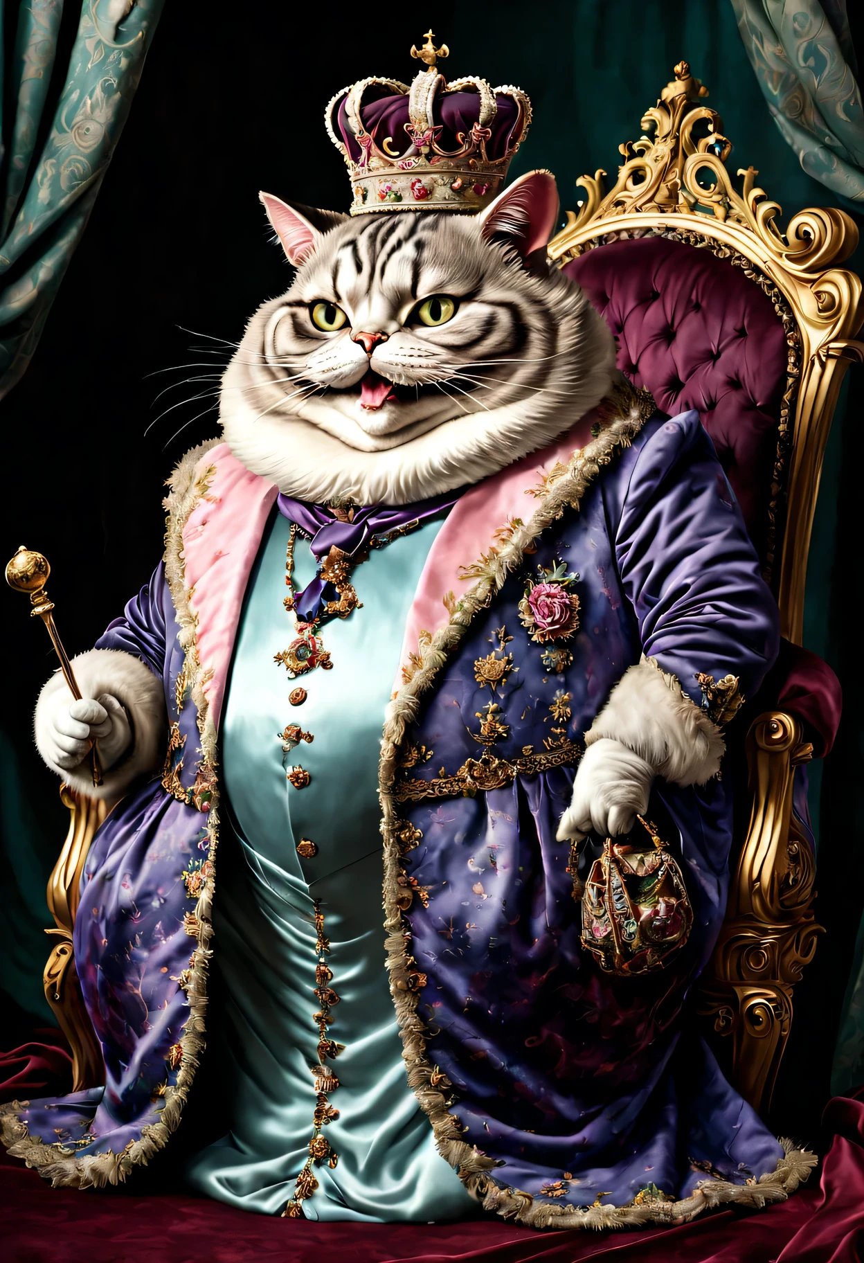 photorealistic portrait of Dressed animals - a ((fat)) Cheshire cat king, (full body image:1.5), Wearing luxury sack-back gown,(wearing luxury crown),holding scepter, Old-fashioned luxury clothes, detailed and opulent description of a king's aristocratic sack-back gown in Rococo style, sitting on the throne, emphasizing luxurious fabrics, intricate embroidery, and ornate accessories, Rococo style background