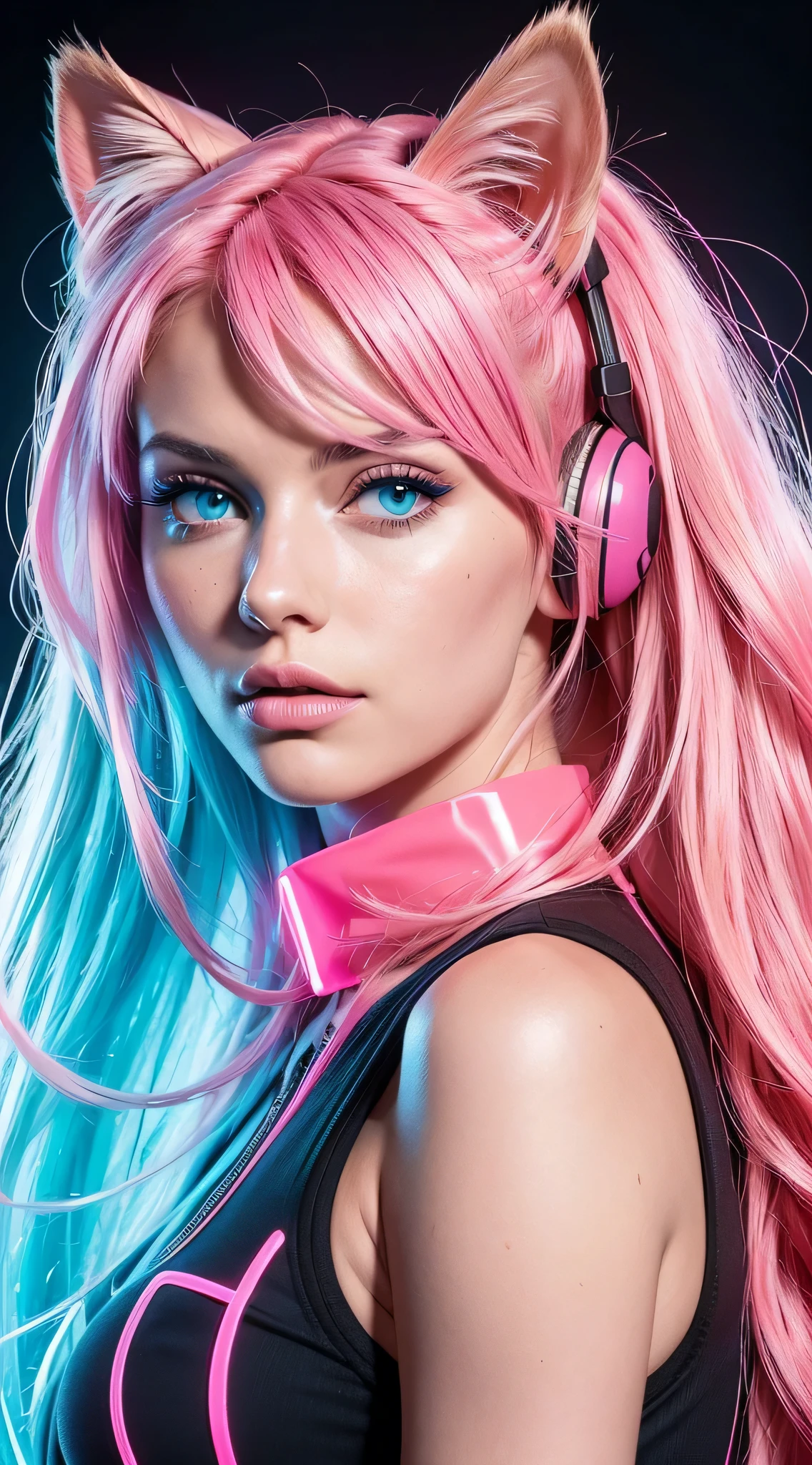 High-quality image, 8K, (photorealistic), (((Draw a realistic, high-resolution portrait of a woman with long hair)))(Make sure she is in a full-body pose and has a charming blush on her cheeks)(Create an image featuring a character with neon pink hair)(neon blue eyes)(The character should have vibrant, nude, big breast, neon pink hair that stands out prominently) (Their eyes should be a striking shade of neon blue, adding a captivating visual element) (Ensure that these two characteristics are prominent in the overall composition) (Explore creativity in incorporating additional elements that complement the neon color palette) wearing headset cat ear
