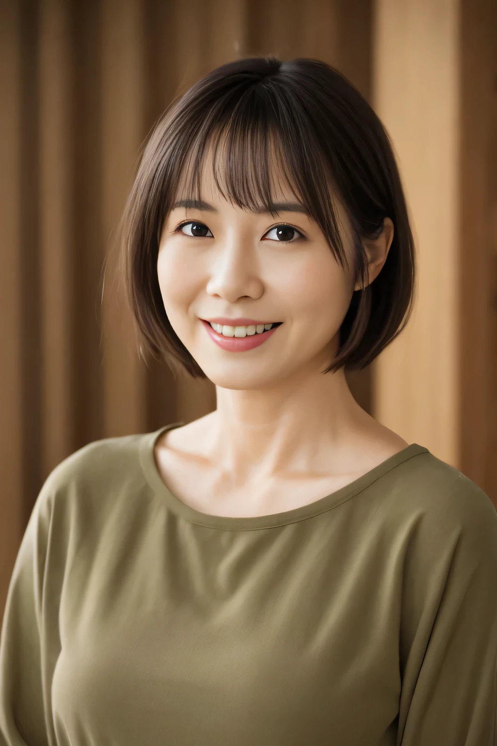 ((highest quality, 8k, masterpiece: 1.3)), Ultra-realistic, Skinny Japanese woman, 30 years old, 1 girl, The beauty of slim abs: 1.3, (Hairstyle Brown Hair Short Cut, big: 1.2), dress: 1.1, Super slender face, Delicate eyes, double eyelid, smile, Home, RAW Photos