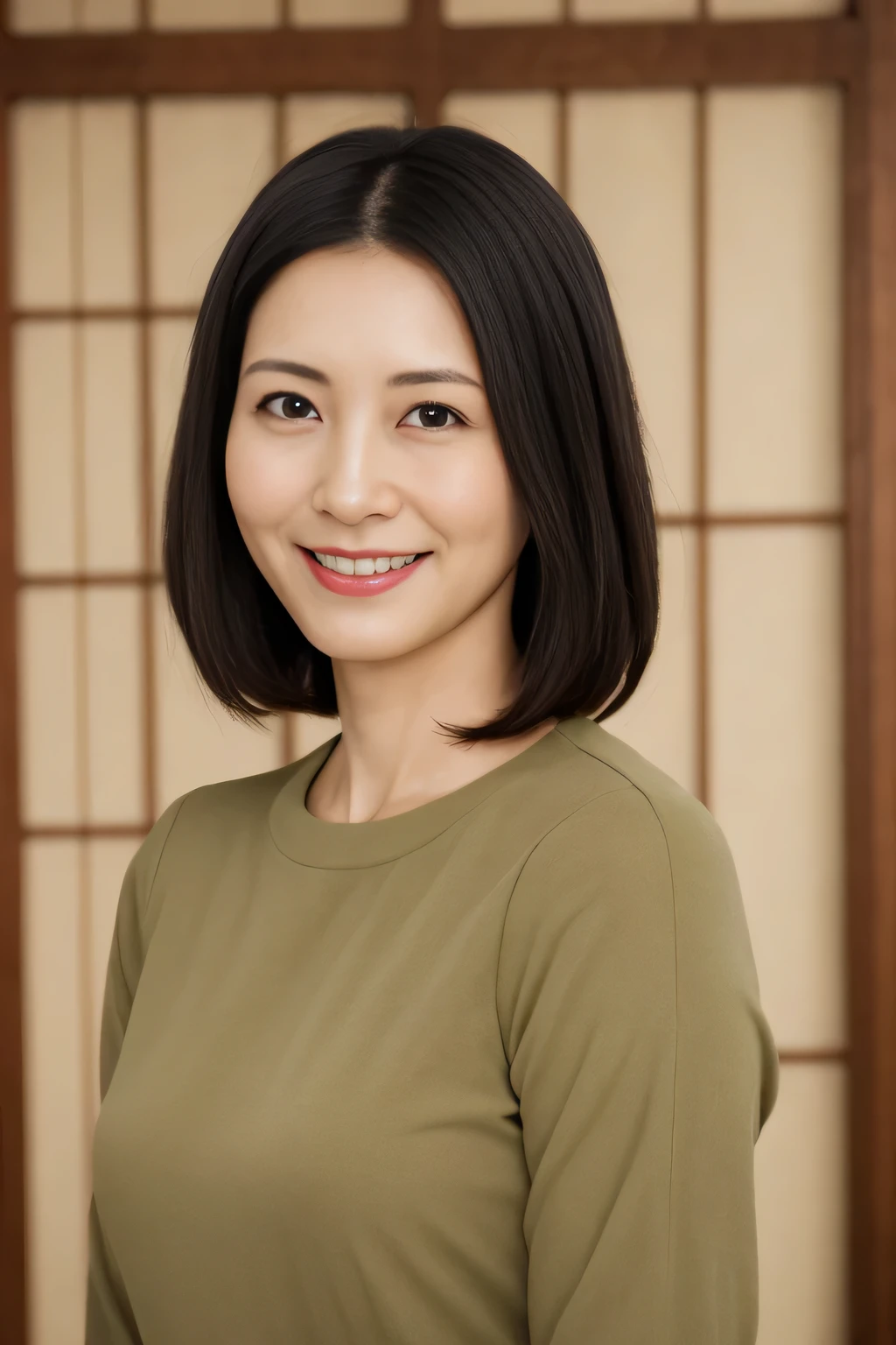 portrait, 8K, high quality, realistic photo images, 39 years old, japanese woman, proper wife, small, housewife, Reproduces natural and realistic eyes, japanese stand, small, beautiful black hair, short hair, light makeup, octane rendering, beautiful lighting, golden ratio composition, smile, Casual clothes, casual clothes, natural background, blurred background, 4K, high quality, realistic photo images, japanese woman, 37 years old, Pure Japan face, Beautiful wife, Upper body, small breasts, light makeup, no makeup, Neat beauty, mature woman, sober clothes, gray, beige, green, sober, casual clothes, smile, black hair, small black eyes, background blur