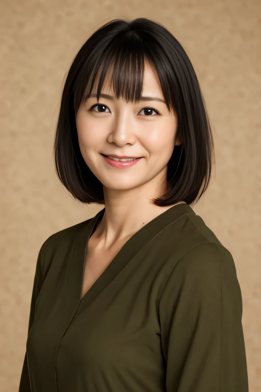 portrait, 8K, high quality, realistic photo images, 39 years old, japanese woman, proper wife, small, housewife, Reproduces natural and realistic eyes, japanese stand, small, beautiful black hair, short hair, light makeup, octane rendering, beautiful lighting, golden ratio composition, smile, Casual clothes, casual clothes, natural background, blurred background, 4K, high quality, realistic photo images, japanese woman, 37 years old, Pure Japan face, Beautiful wife, Upper body, small breasts, light makeup, no makeup, Neat beauty, mature woman, sober clothes, gray, beige, green, sober, casual clothes, smile, black hair, small black eyes, background blur
