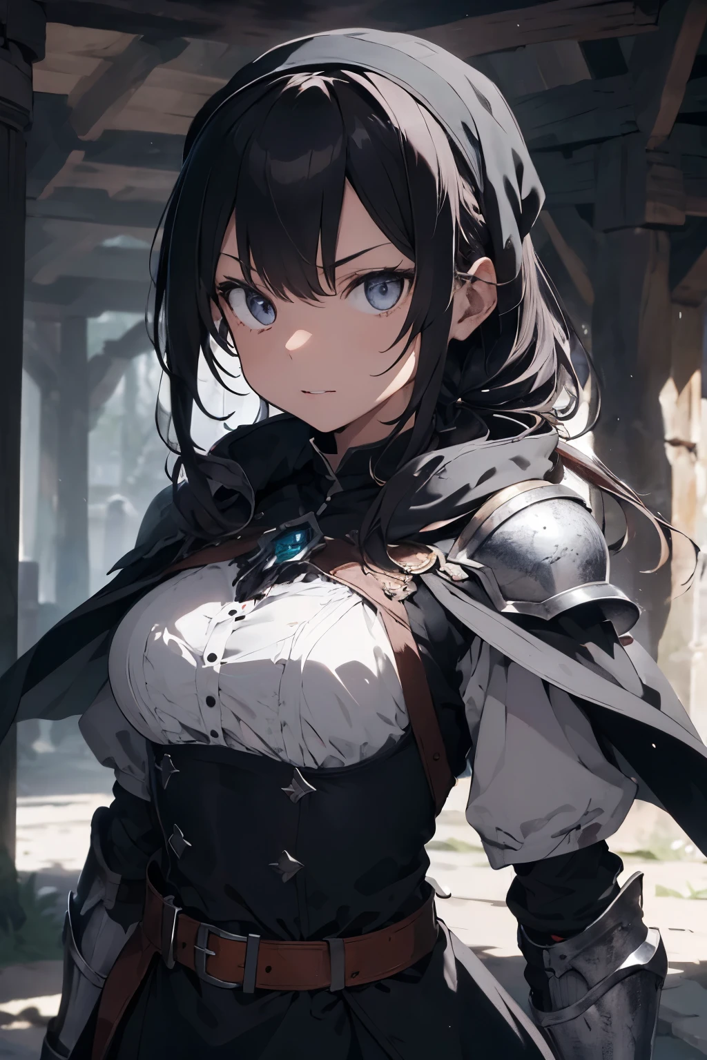 ((best quality)), ((Meisterwerk)), (detailliert), perfektes Gesicht, (Meisterwerk, best quality, detaillierter Hintergrund, Komplizierte Details), Fantasy-Thema, Herr der Ringe , black hair, long hair, Im Inneren des Dungeons, 1girl , teenager , Zauberer , Magier , lange robe, breastplate , Umhang , Bandana, grau Augen, Dagger on the hip, Belt bags, selbstbewusster Ausdruck, dynamische Pose, rostige Schatztruhe, Steinmauern, dunkel , schwarze haare, lange haare, umhang, black cloak, light metal armor , evil look , Evil expression , hole body , light armor , grey eyes , magician cloak, magician clothing