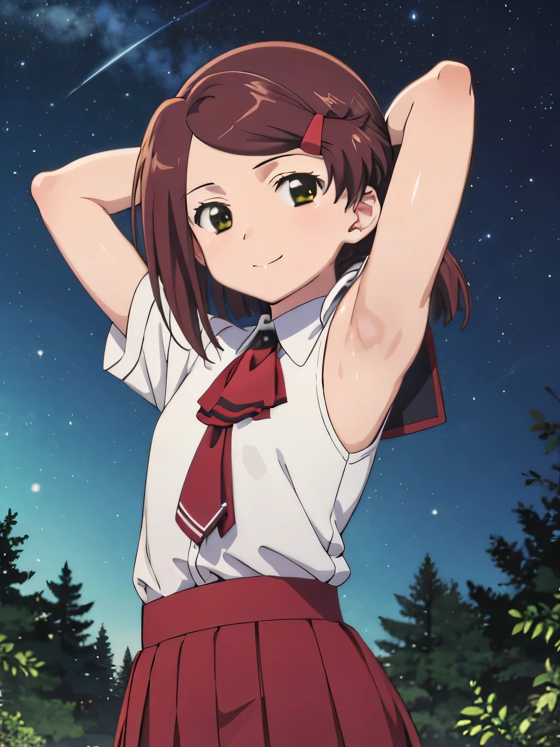 solo, 1girl, looking at viewer, flat colors, 2D, anime, anime coloring, pink undershirt, white pants, solo, night sky, forest, arms behind head, contrapposto, spread armpits, closed mouth, smile, (cowboy shot:1.5), ako suminoe, ascot, smile, looking at viewer