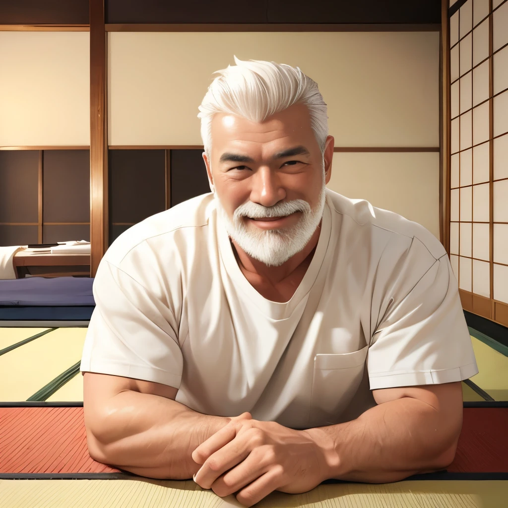 (highest quality:1.5), (masterpiece:1.5), (luxurious Japanese room:1.2), white wall, (Japanese:1.2), solo, hot guy, [white combed back hair:0.9], short white beard, (macho:1.2), 65 years old, white t-shirt, white long pants, smile, lying down