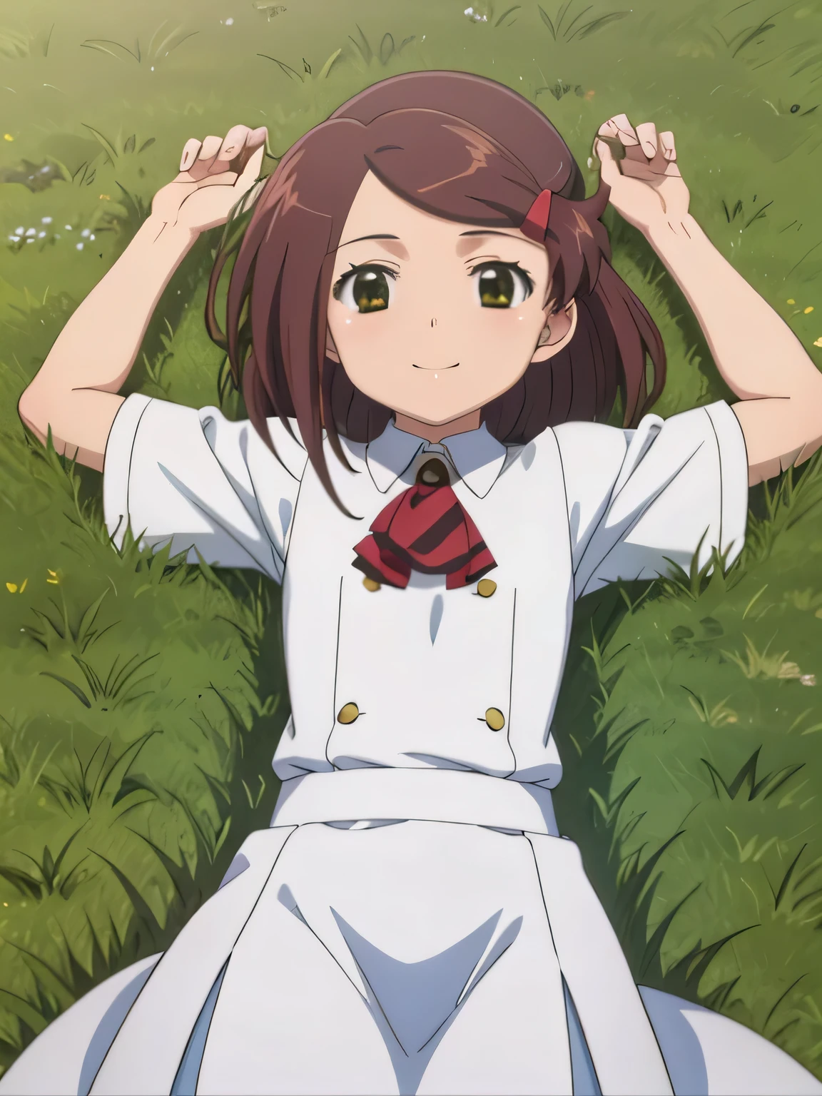 solo, 1girl, looking at viewer, flat colors, 2D, anime, anime coloring, closed mouth, solo, cowboy shot, lying, on back, on grass, spread arms, shy smile, arms up, ako suminoe, ascot, school uniform, smile, looking at viewer