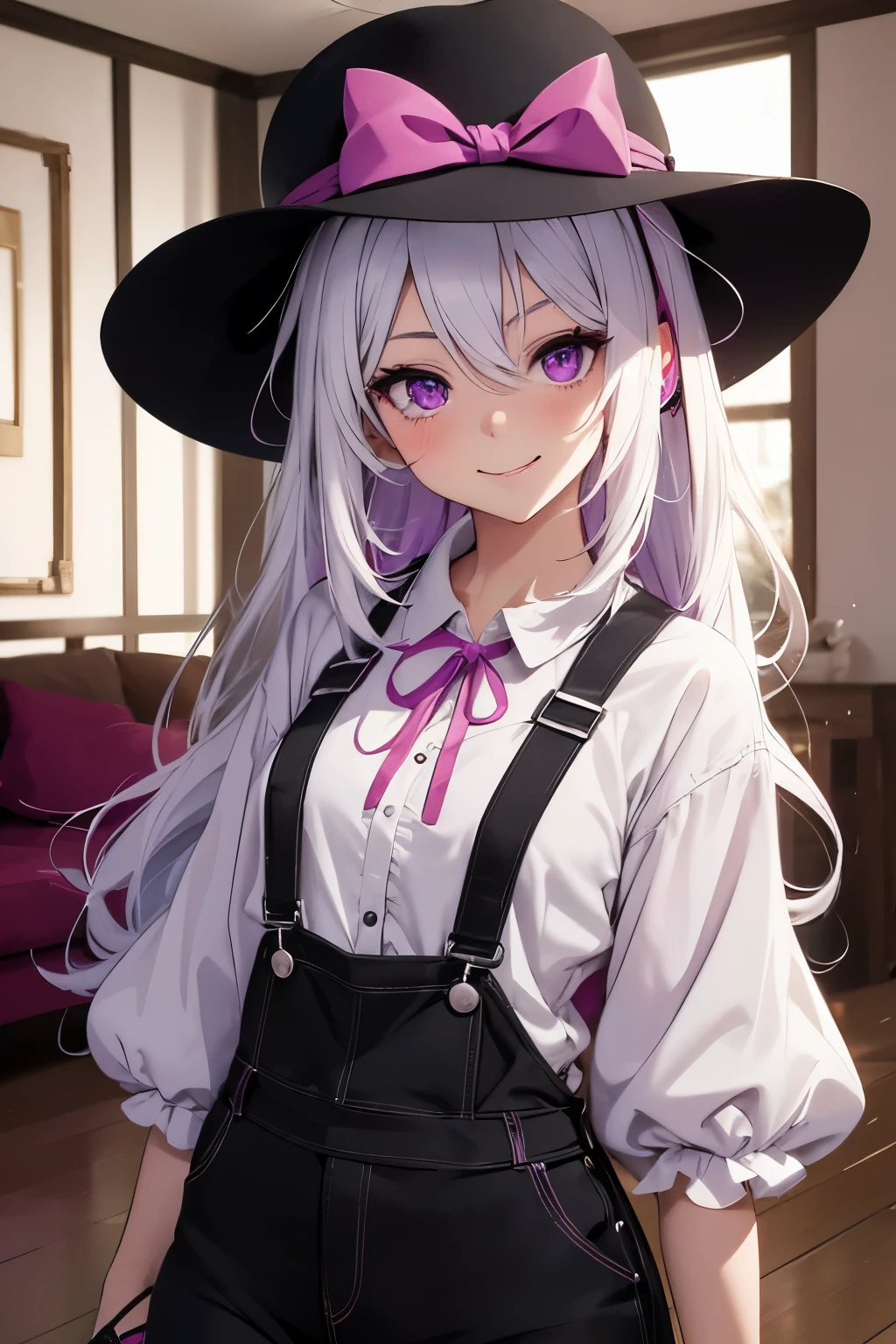 1girl, Anime Girl with White Hair, Ruined Hair, Straw Hat with a Magenta Ribbon, Purple Shirt, Black Overalls with Long Black Pants, Black Shoes, Crazy Expression, Insanity, Smiling, Blushing, Red Cheeks, Living Room Background, Close-up Portrait, Standing Position, Dark, Cinematic Lighting 