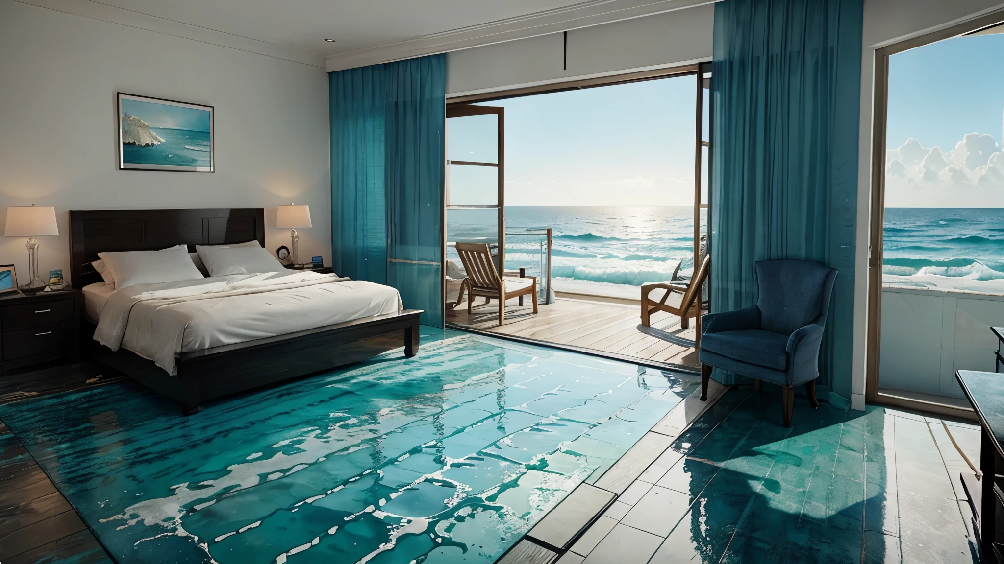 watercolor bedroom_melting_into_the_ocean_0, ultra realist , splash art