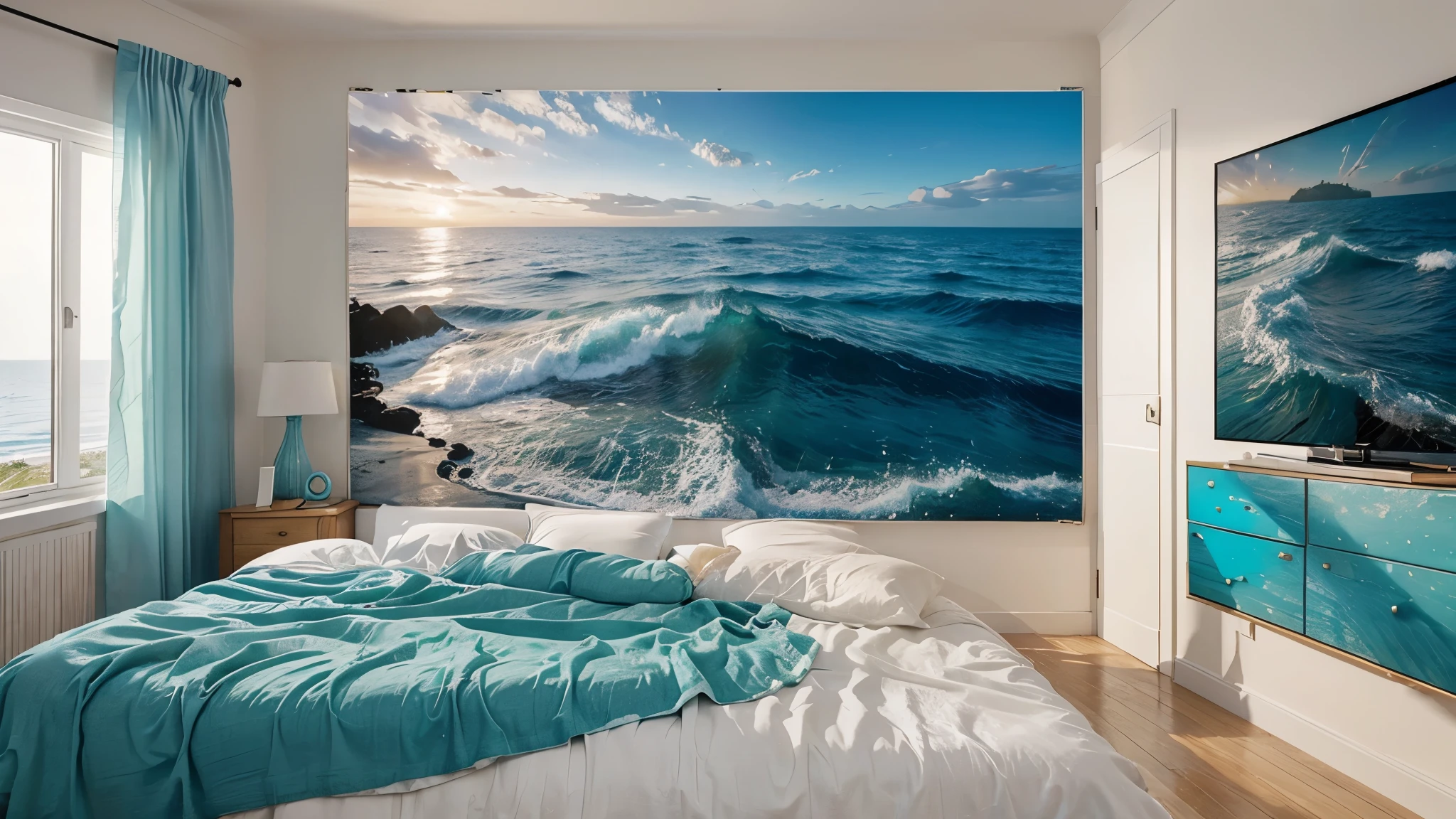 watercolor bedroom_melting_into_the_ocean_0, ultra realist , splash art
