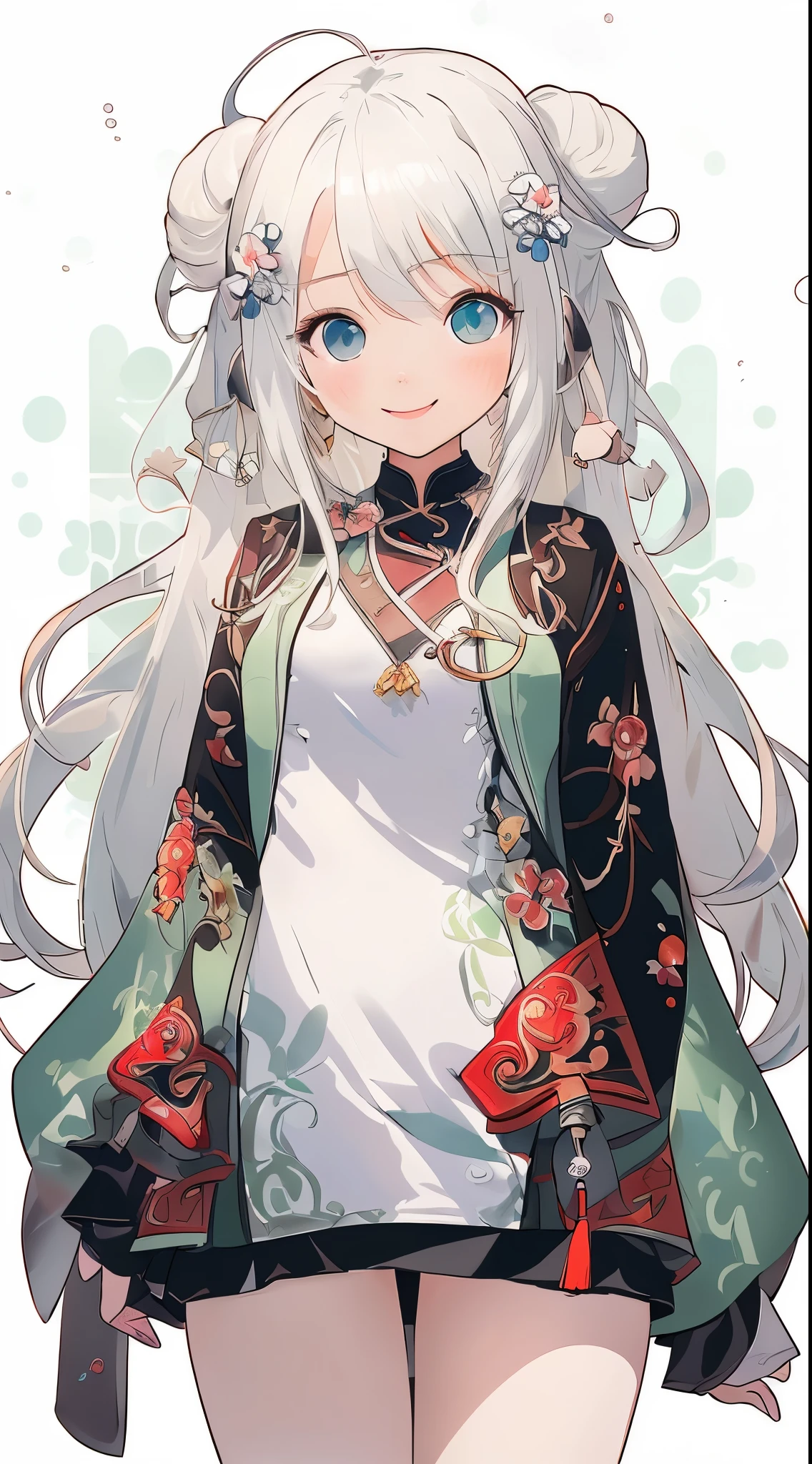 (full body), (whole body), looking at viewer, 1 girl, serene pose, women, long hair, white hair, white background –ar 4:7 –s 70 –niji 5 –style cute, (Chinese), from front, Character design, full body, closed-mouth smile, master piece, sparkling eyes, blue eye, mini skirt, (white background), bun, standing, animation, {best quality}, {{masterpiece}}, {highres}, illustration, solo, sharp focus