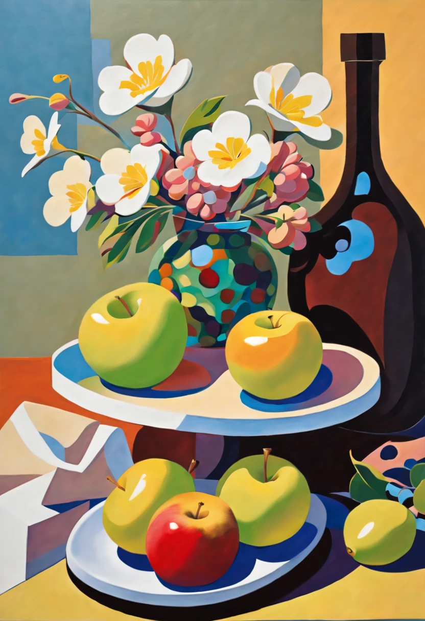 (oleo, bien definida las pinceladas:1.4), (abstracto:1.5), (mesa con mantel blanco largo, jarron con flores hermosas y silvestres, manzana , ramo de uvas en una frutera, tela arrugada cayendo en una esquina de la mesa, (efecto de luz y sombra destacables:1.3)), hermosos y delicados colores pasteles, obra maestra al mejor artista de artes.