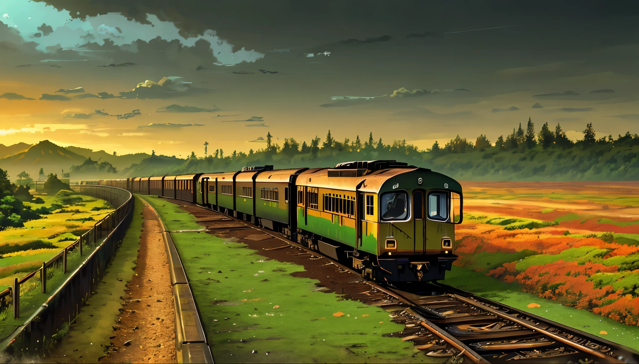 Train track, train, rusty train, train covered in mosses, mosses, warm weather, warm colors, old buildings, apocalyptic weather, masterpieces, HD, high quality, best quality, highres, high quality, high details, masterpiece, anime style