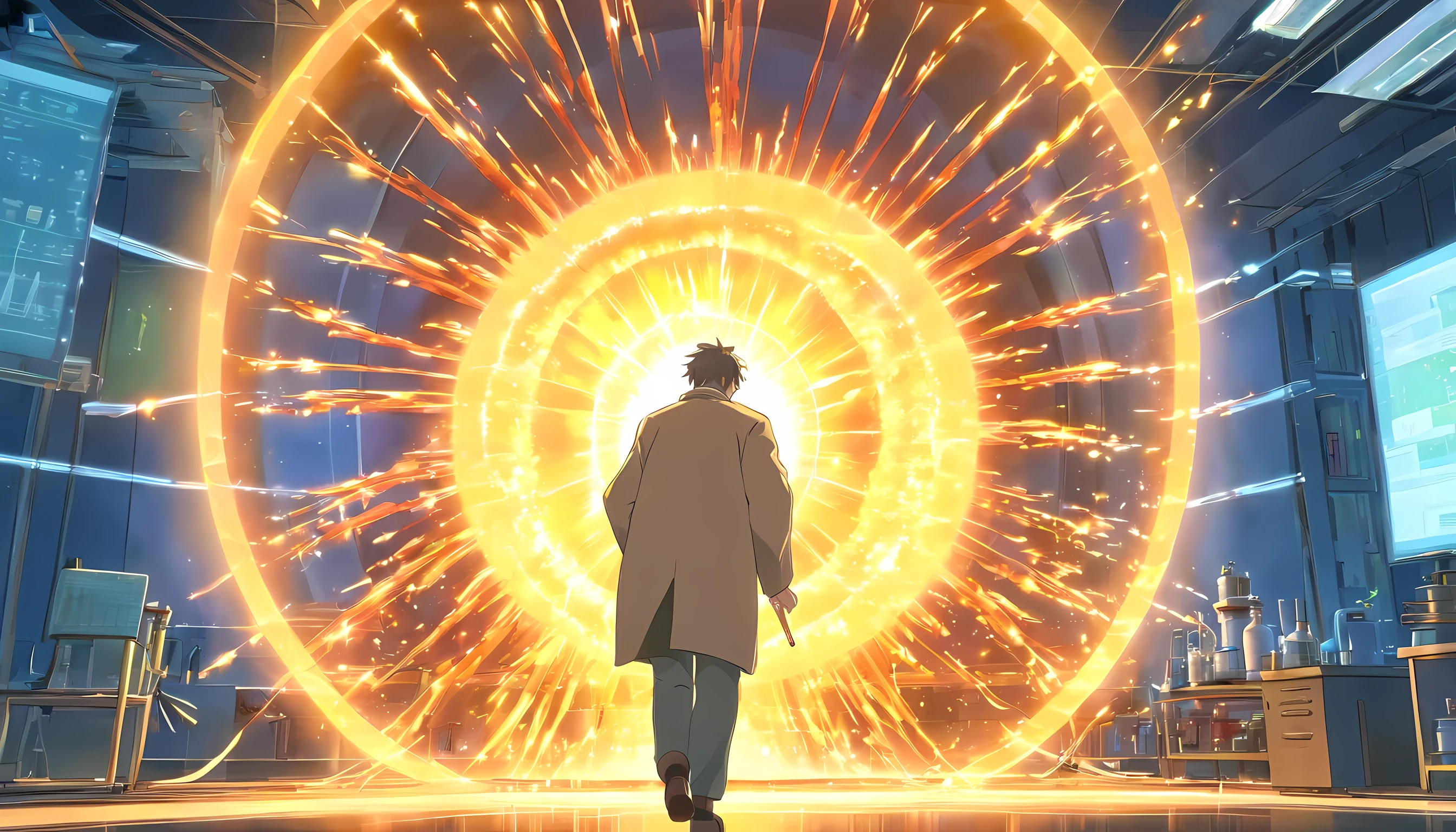 1 man (genius scientist) having an experiment with nuclear reaction on his lab, creating an artificial sun, face to detail, detailed eyes, absurdres, highres, 8k illustration, high quality illustration, makoto shinkai class production