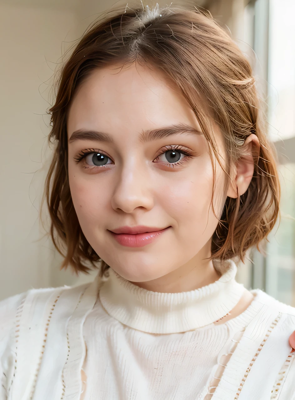 A woman wearing a white turtleneck sweater and a white sweater, Dilraba Dilmurat, soft and perfect white skin, beautiful aesthetic face, nice delicate face, natural soft white skin, attractive woman face!!!, Shining porcelain skin, beautiful and delicate face, pale round face, with cute - detailed - face, Portrait cute - well-groomed face, cute - detailed - face