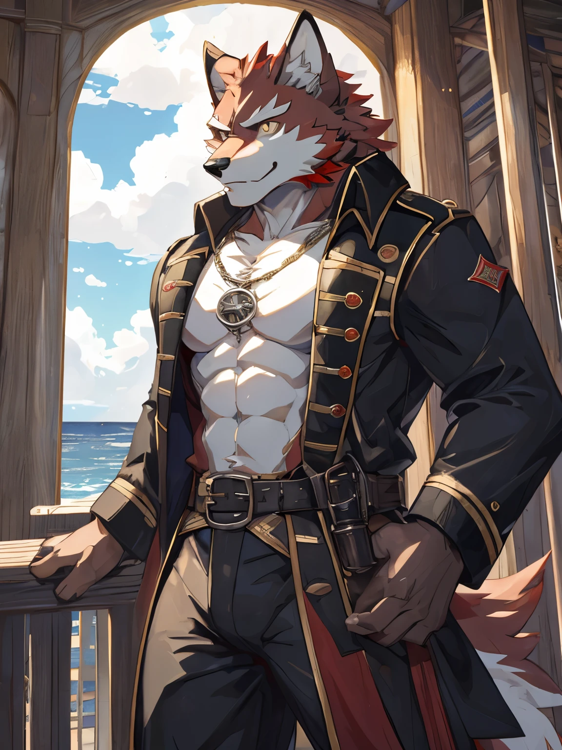 (Furry art, uploaded on e621: 1.4), Werewolf, grey and black fur, intense golden eyes, black pirate hat with peach feathers, red baron jacket with gold buttons and gold shoulders over a black shirt and a white frill tie, crab-like fangs and shell, masterpiece, best quality, (detail background), background sea, on on a pirate ship, (detail body), (perfect pulpils), standing, (masterpiece), (best quality), (ultra-detailed: 1.0), cool pose, (Clear, shiny:0,8), (1boy, solo), (solo_focus), detail fluffy fur, natural lighting, (male), anthro, (upscaling ratio: 2.10), detail background, perfect sky, detail fur, topless.