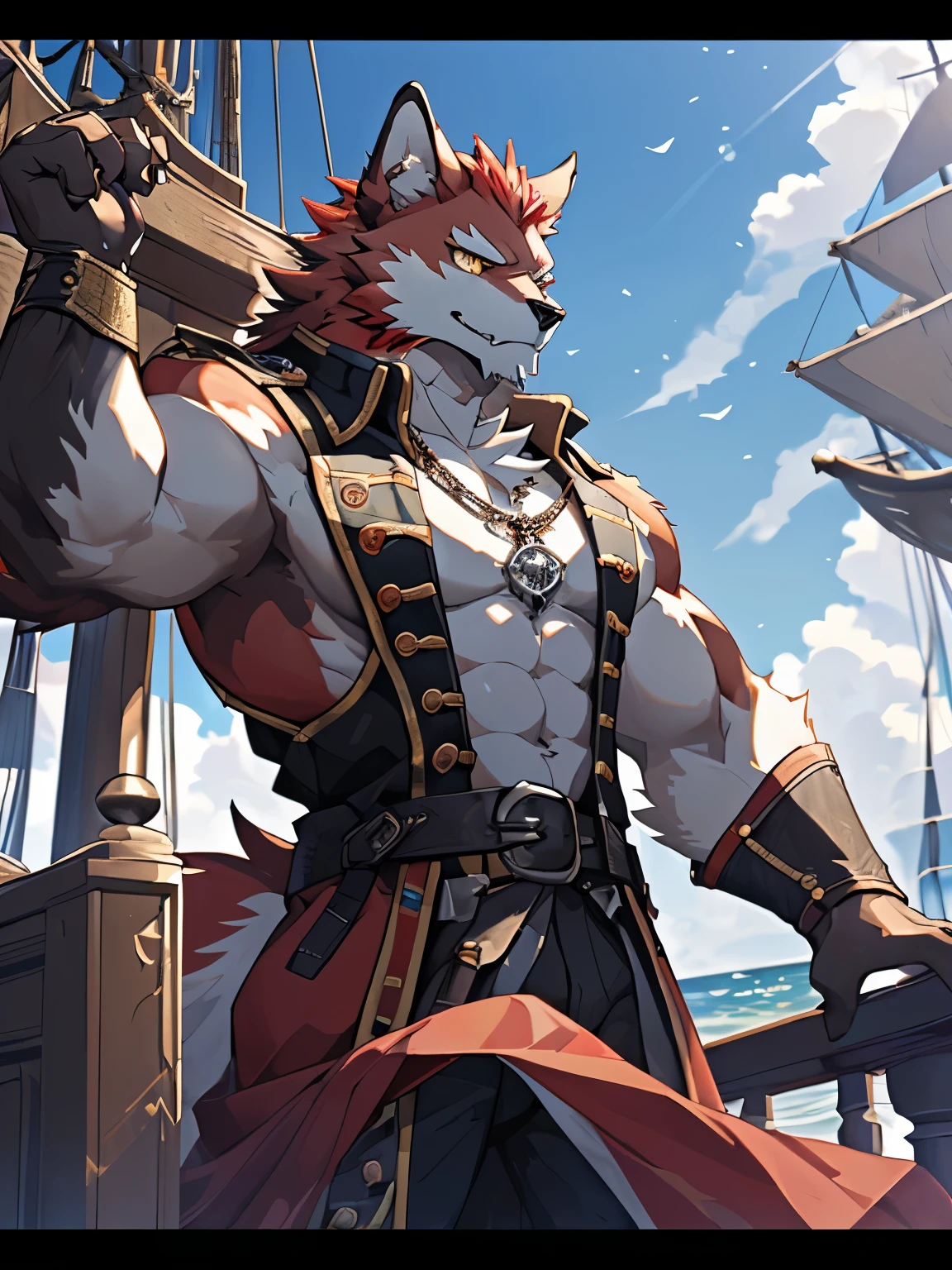 (Furry art, uploaded on e621: 1.4), Werewolf, grey and black fur, intense golden eyes, black pirate hat with peach feathers, red baron jacket with gold buttons and gold shoulders over a black shirt and a white frill tie, crab-like fangs and shell, masterpiece, best quality, (detail background), background sea, on on a pirate ship, (detail body), (perfect pulpils), standing, (masterpiece), (best quality), (ultra-detailed: 1.0), cool pose, (Clear, shiny:0,8), (1boy, solo), (solo_focus), detail fluffy fur, natural lighting, (male), anthro, (upscaling ratio: 2.10), detail background, perfect sky, detail fur, topless.