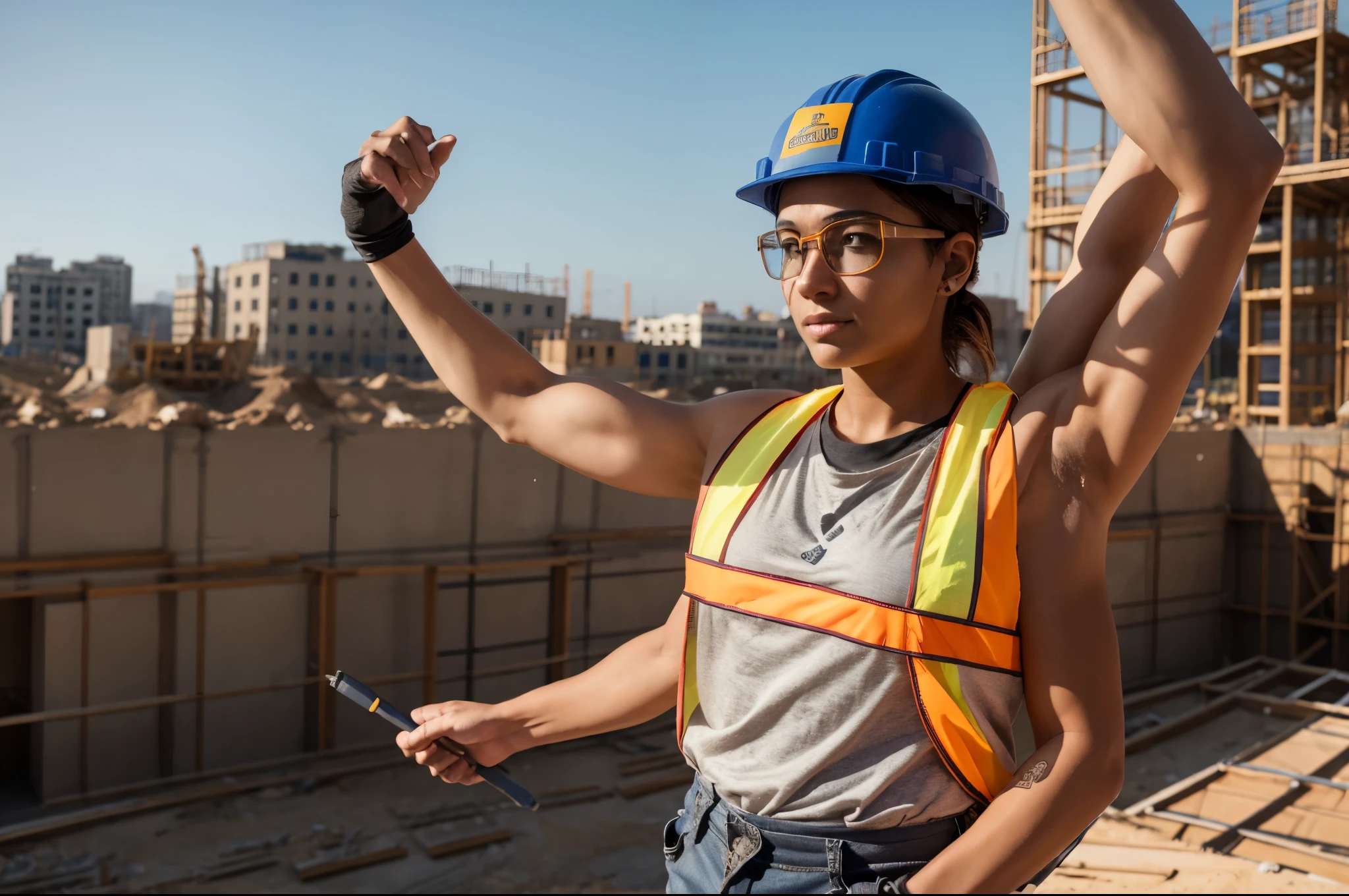 Young woman, age 33, muscular, tomboy, construction worker, at construction site, work clothes, safety glasses, four arms,