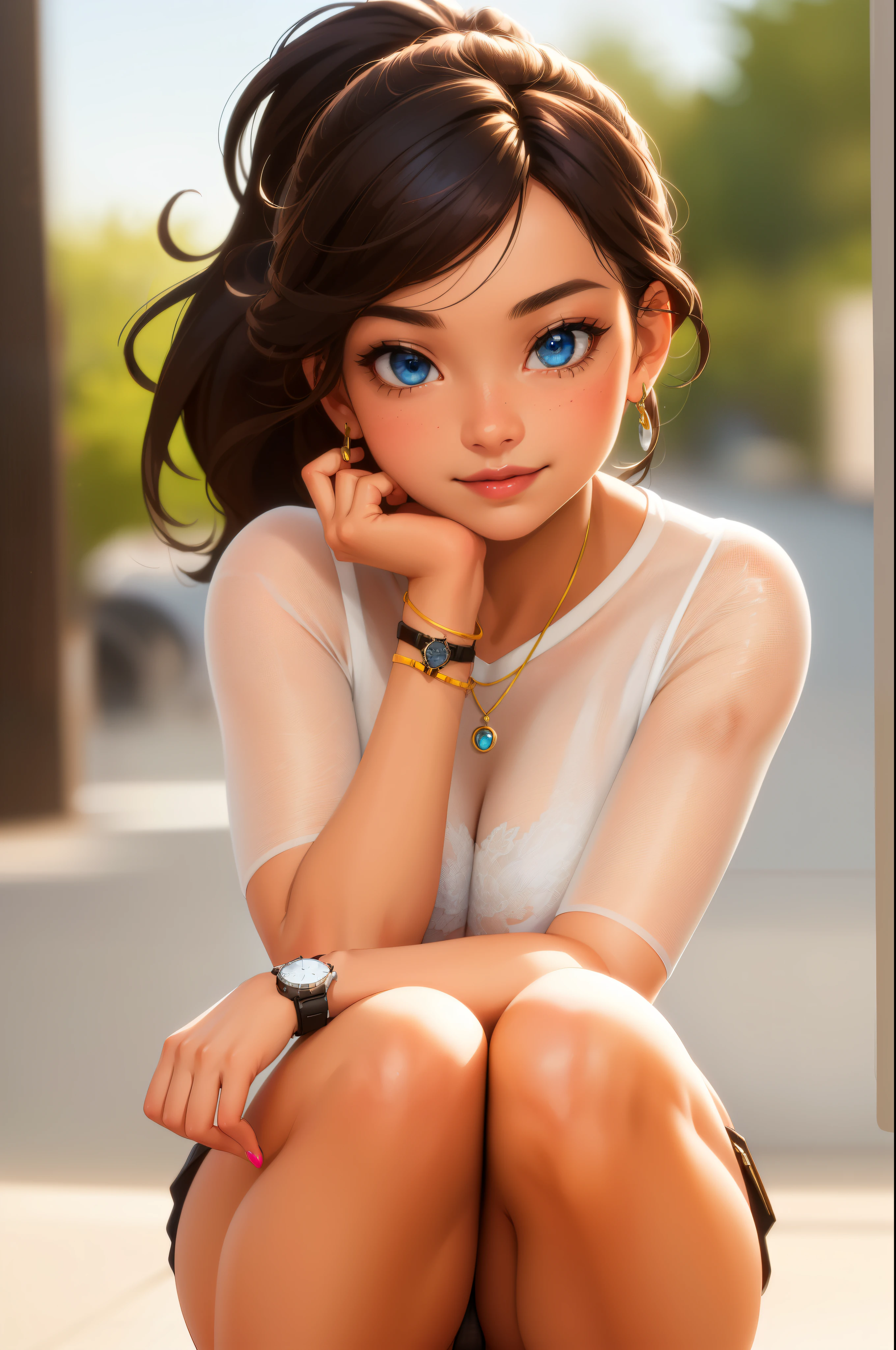 (masterpiece, best quality, ultra-detailed, highres, 4k),(beautiful detailed eyes),(very detailed face),(1girl),HDR,long hair, panties, blue eyes, brown hair, bracelet, see through crop top, jewelry, watch, lips, solo focus, nail polish, ponytail, blurry background, smirk, wristwatch, realistic, on her knees