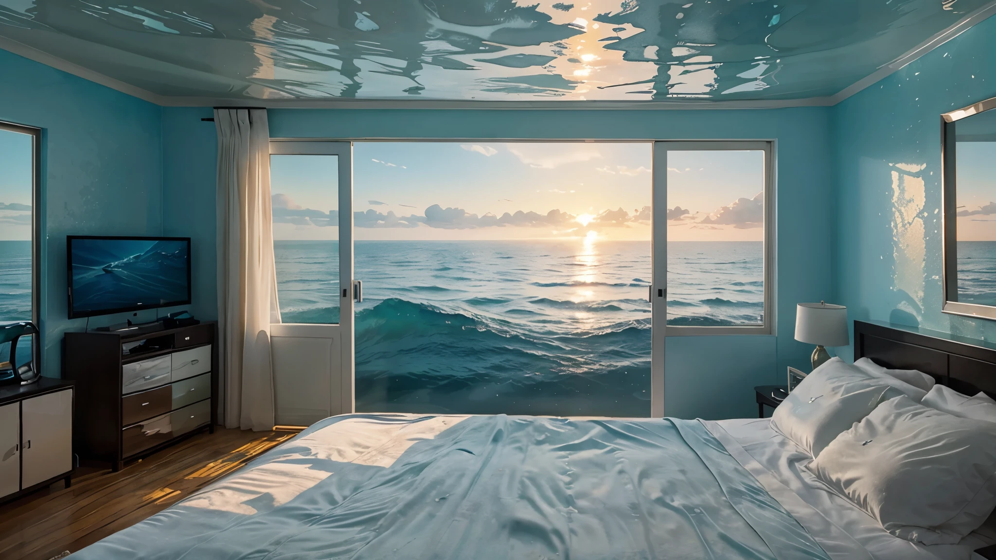 watercolor bedroom_melting_into_the_ocean_0, ultra realist , splash art