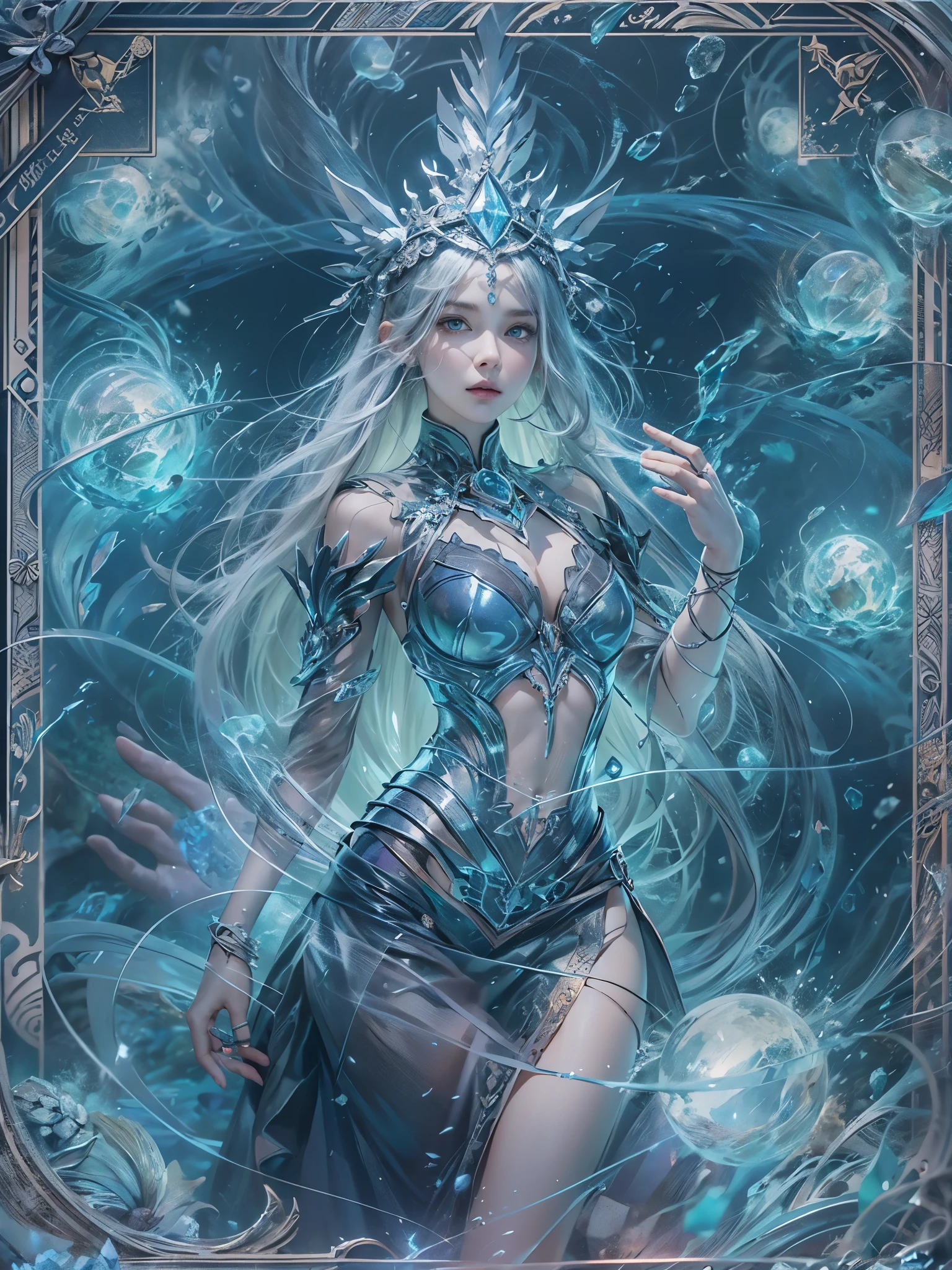 （Game King Card:1.5, rotational symmetry),Stephen Gammell,minimalist compositions,ocean waves,Female magician,Exquisite crystal headdress, exquisite crystal armor，Electroluminescent Wire,Dreamy Glow，conceptual digital art, Azure blue and gray,(Very detailed, reasonable design, Clear lines, High sharpness,best quality, masterpiece, 4K )