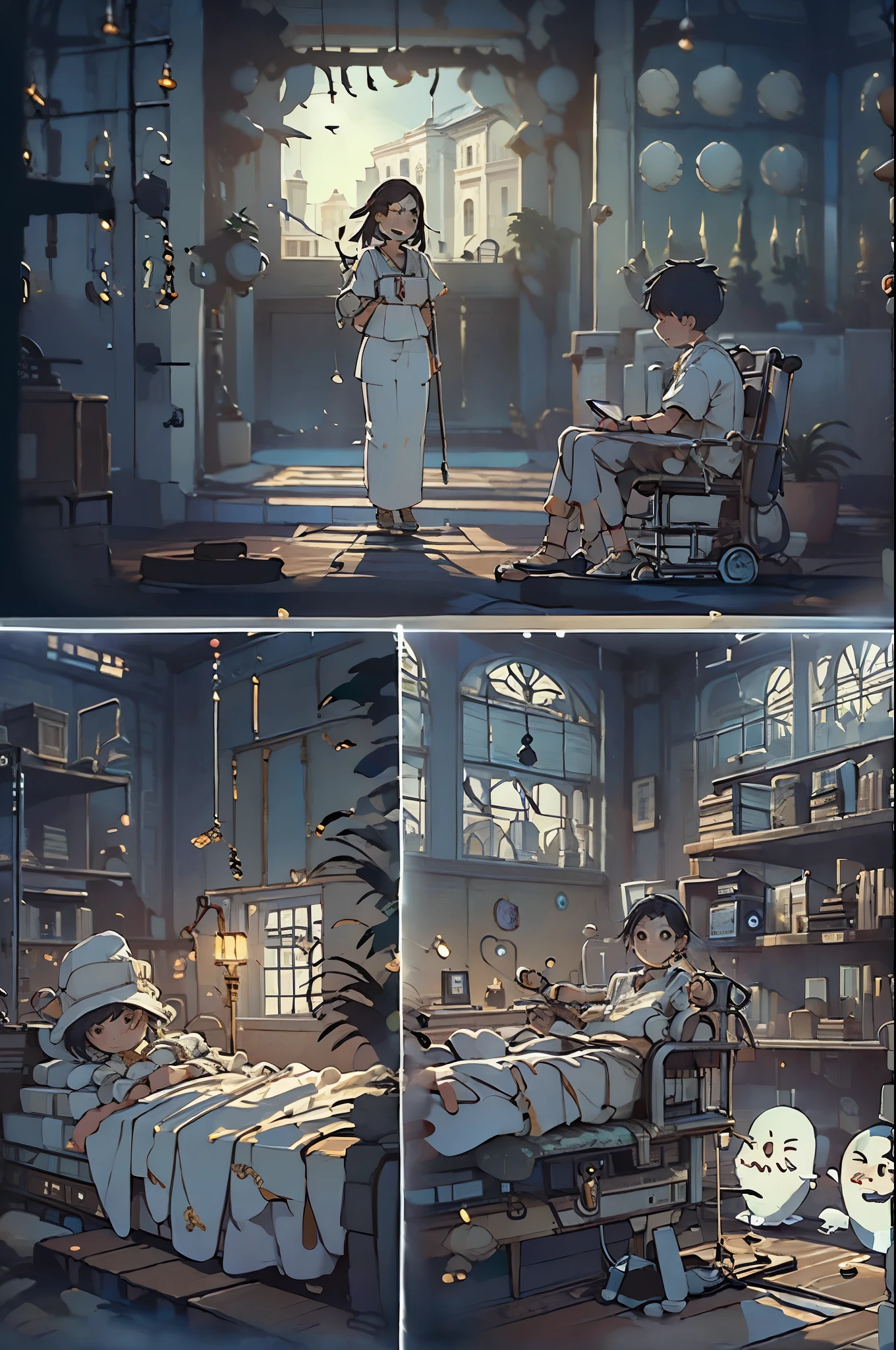 Ruins of the hospital、hospital room、Chair、A boy dressed as a woman is smiling and giving a peace sign、Behind the boy is the ghost of an adult woman.、Midnight2hour、flashlight、Moonlight Forest、