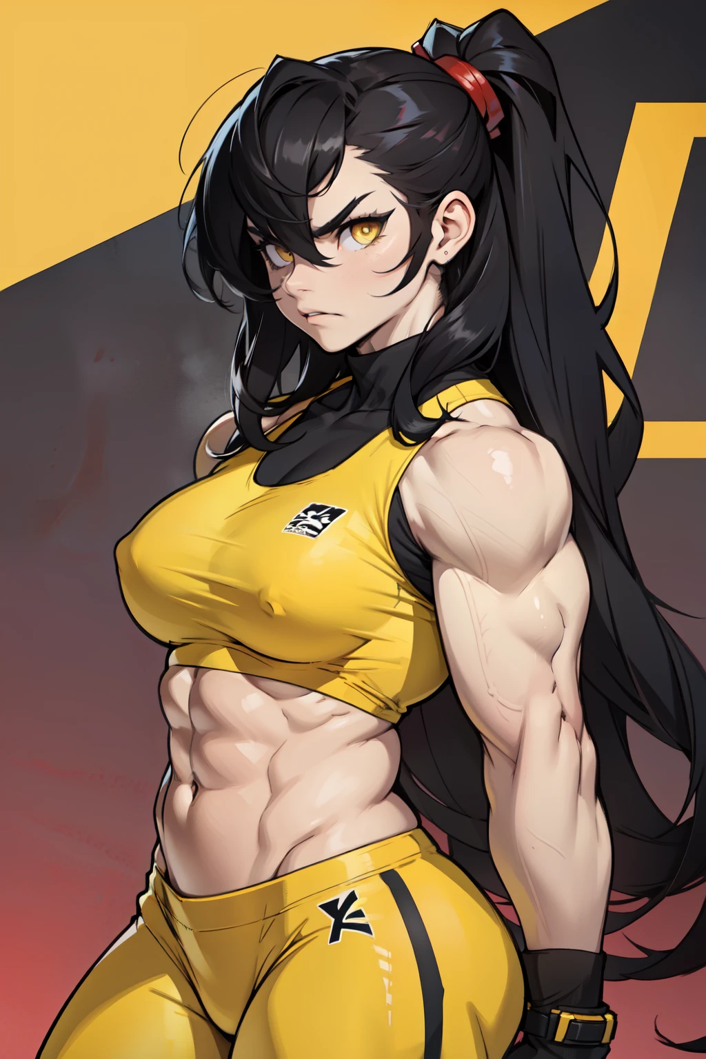 angry ((((1girl)))) (((bodybuilder))) pale skin black hair very long hair yellow eyes