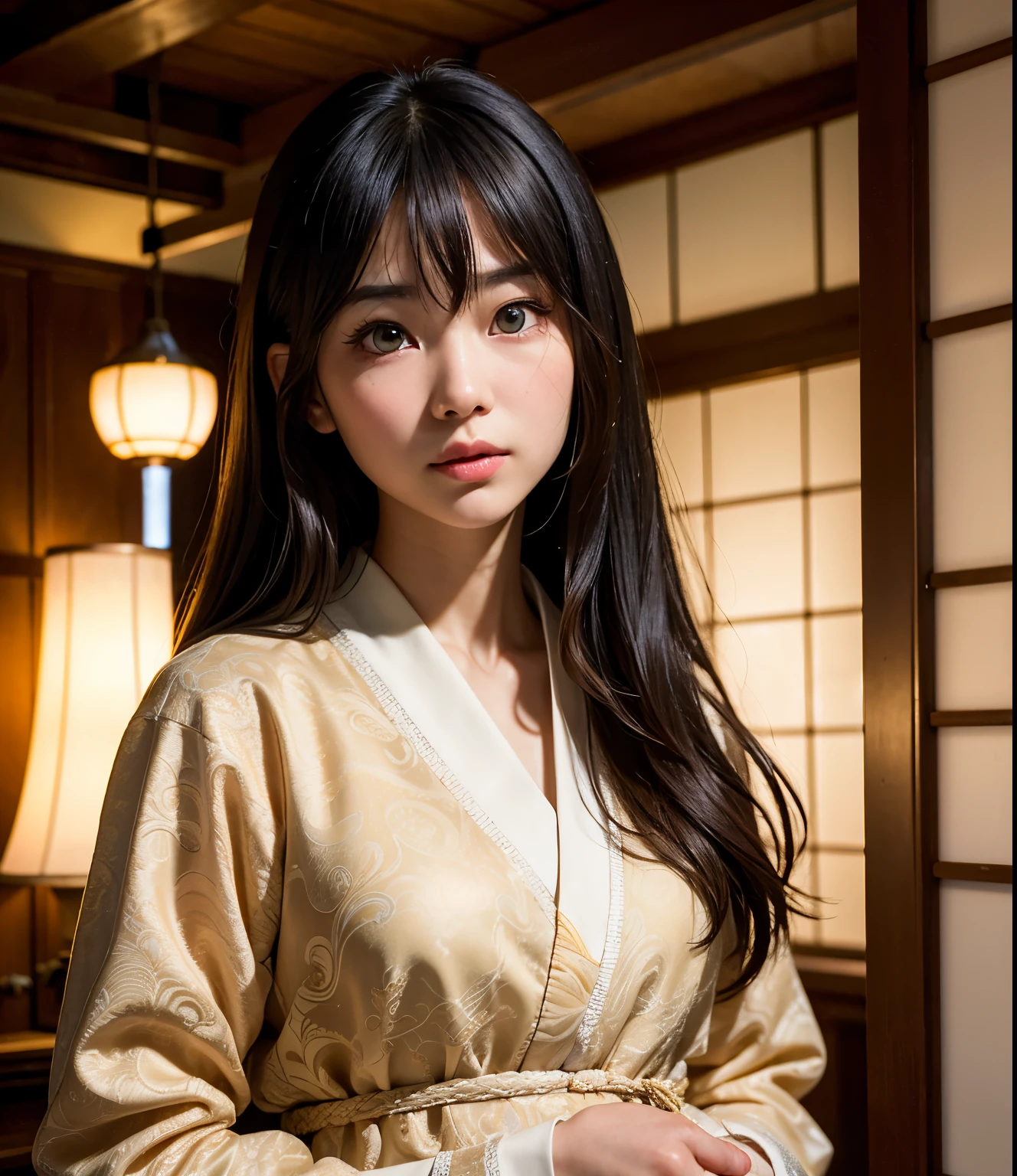 best quality, face focus, soft light, ultra high res, (photorealistic:1.4), RAW photo,
1japanese girl, solo, cute, (pupil, lights in the eyes),  detailed beautiful face, (),(high resolution detail of human skin texture),
(long hair),
indoor,
Damask Shirt Dress,
(portrait)