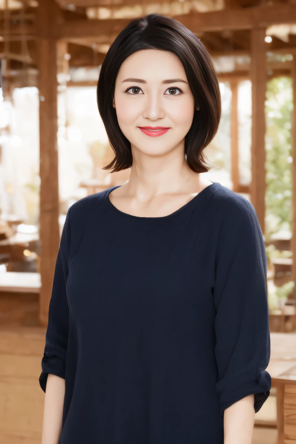 portrait、8K、high quality、realistic photo images、39 years old、japanese woman、proper wife、housewife、Reproduces natural and realistic eyes、japanese stand、、beautiful black hair、short hair、light makeup、octane rendering、beautiful lighting、composition of golden ratio、laughter、casual clothes、casual clothes、natural background、blurred background、4K、High level image quality、realistic photo images、japanese woman、37 years old、Pure Japanese humanity、Beautiful wife、Upper body、medium breasts、light makeup、no makeup、Neat beauty、mature woman、private server、gray、beige、green、casual clothes、slight smile、black haired、Small black eyes、background bokeh