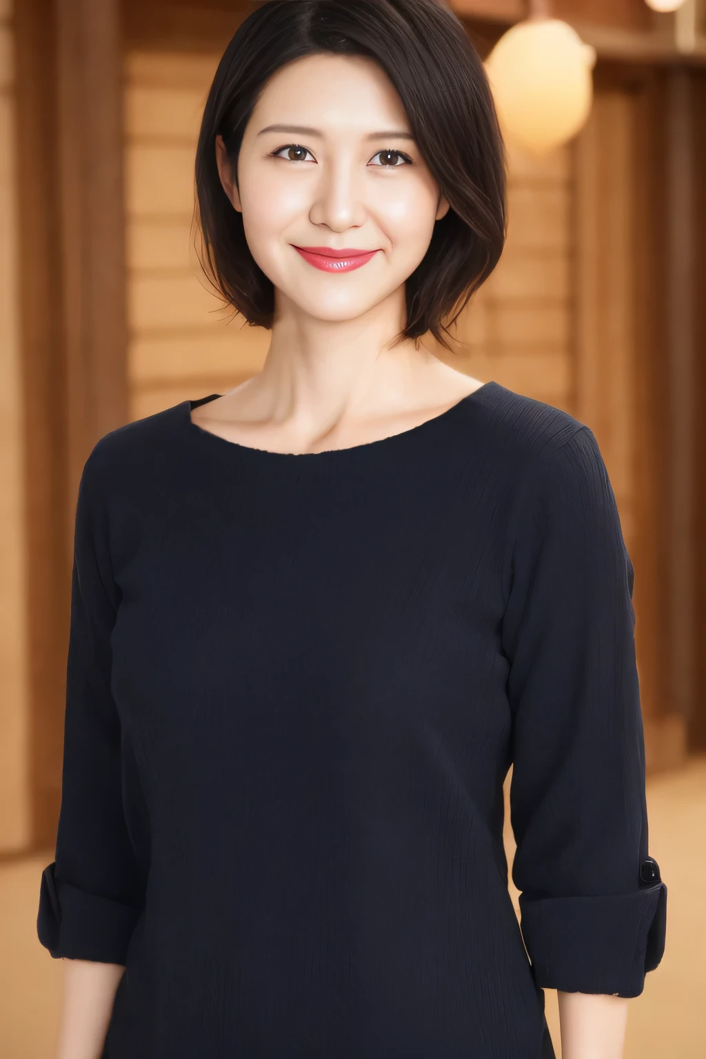 Masterpiece,Best quality, (maam. clerk:1), ((Portrait:1.3)), Cross arms， Smile，Deep V-neck pajamas temptation，Long legs，skin hyper-detail，Clear pores，in a panoramic view，Cocked buttocks，black lence stockings，Beautiful young Japanese woman over 40 years old,  Perfect face, Fantastic look,  (Detailed facial features),  Clean and nice face