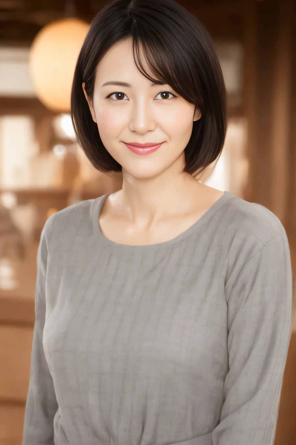 portrait、8K、high quality、realistic photo images、39 years old、japanese woman、proper wife、housewife、Reproduces natural and realistic eyes、japanese stand、、beautiful black hair、short hair、light makeup、octane rendering、beautiful lighting、composition of golden ratio、laughter、casual clothes、casual clothes、natural background、blurred background、4K、High level image quality、realistic photo images、japanese woman、37 years old、Pure Japanese humanity、Beautiful wife、Upper body、medium breasts、light makeup、no makeup、Neat beauty、mature woman、private server、gray、beige、green、casual clothes、slight smile、black haired、Small black eyes、background bokeh