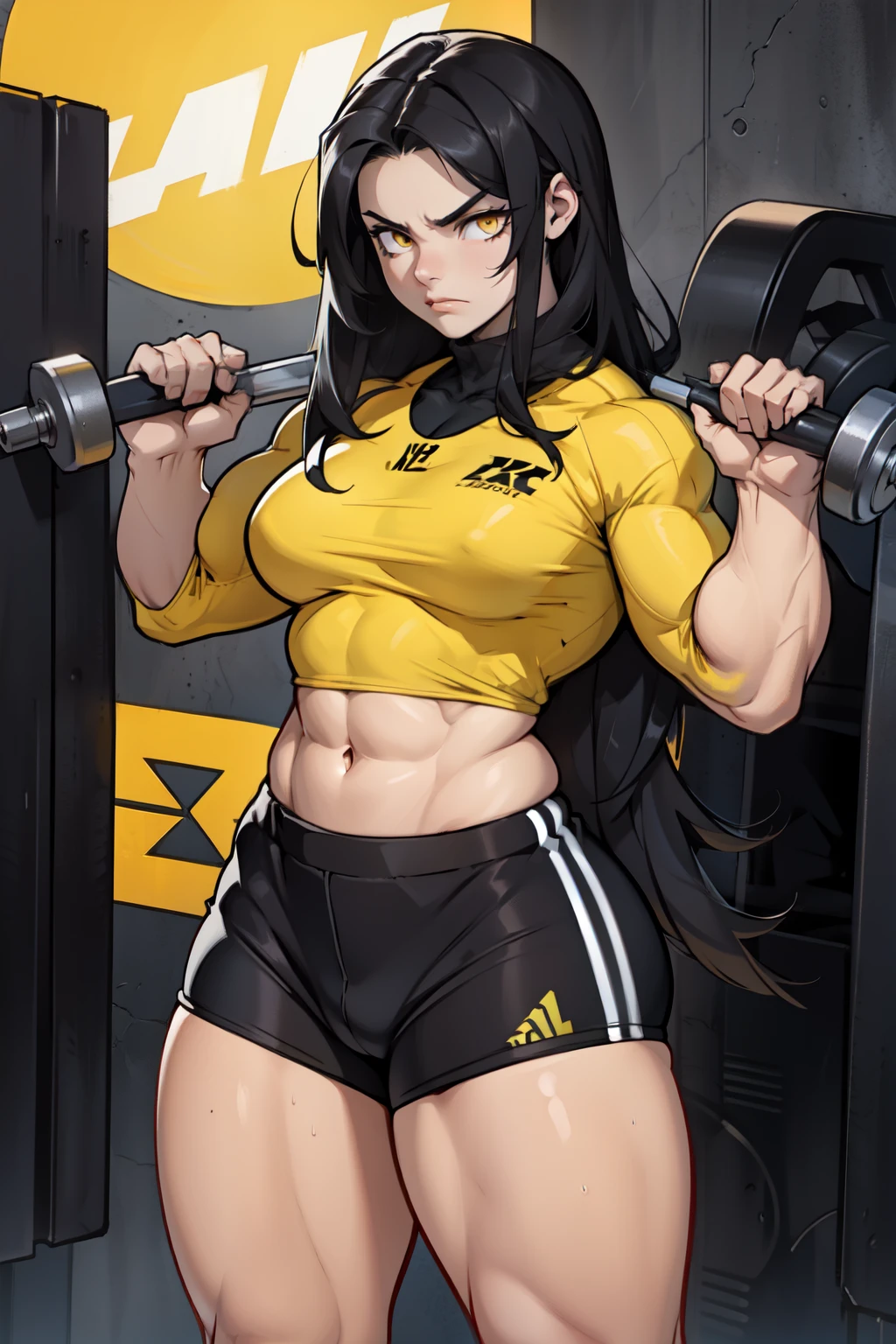angry ((((1girl)))) (((bodybuilder))) pale skin black hair very long hair yellow eyes