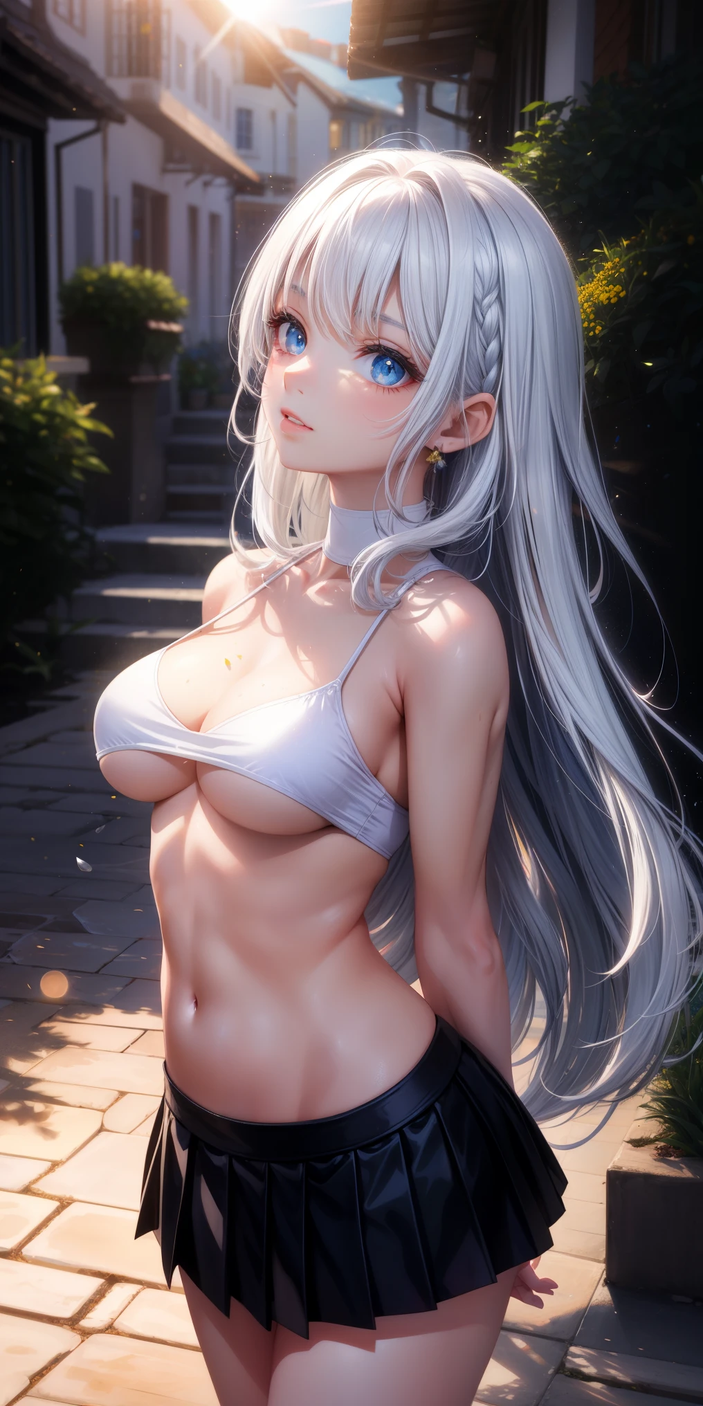 realisticlying，1girl，White hair，blue color eyes，glowing light eyes，Cut the top，a skirt，parted lip，Be red in the face，the night，fresh flowers，suns，rays of sunshine，medium boob，Dewy milk