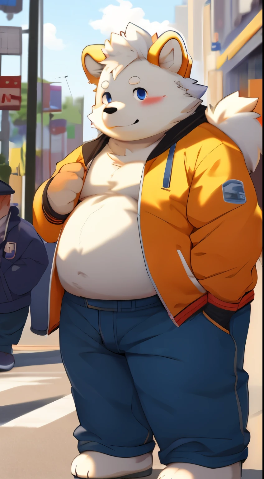 (best quality, 4k, highres, realistic:1.2), samoyed dog，furry, white-haired, fattish man, naked, powerful, ultra-clear, young :1.1, black overalls, gold pupils, big eyes:1.1，soft belly, jacket, flat brim hat, giant, mountain sparrow, solitary, sweat, windbreaker, big dick, noticeable abs, urban style, clenched fist, large, looking at the audience, facing the street, windbreaker